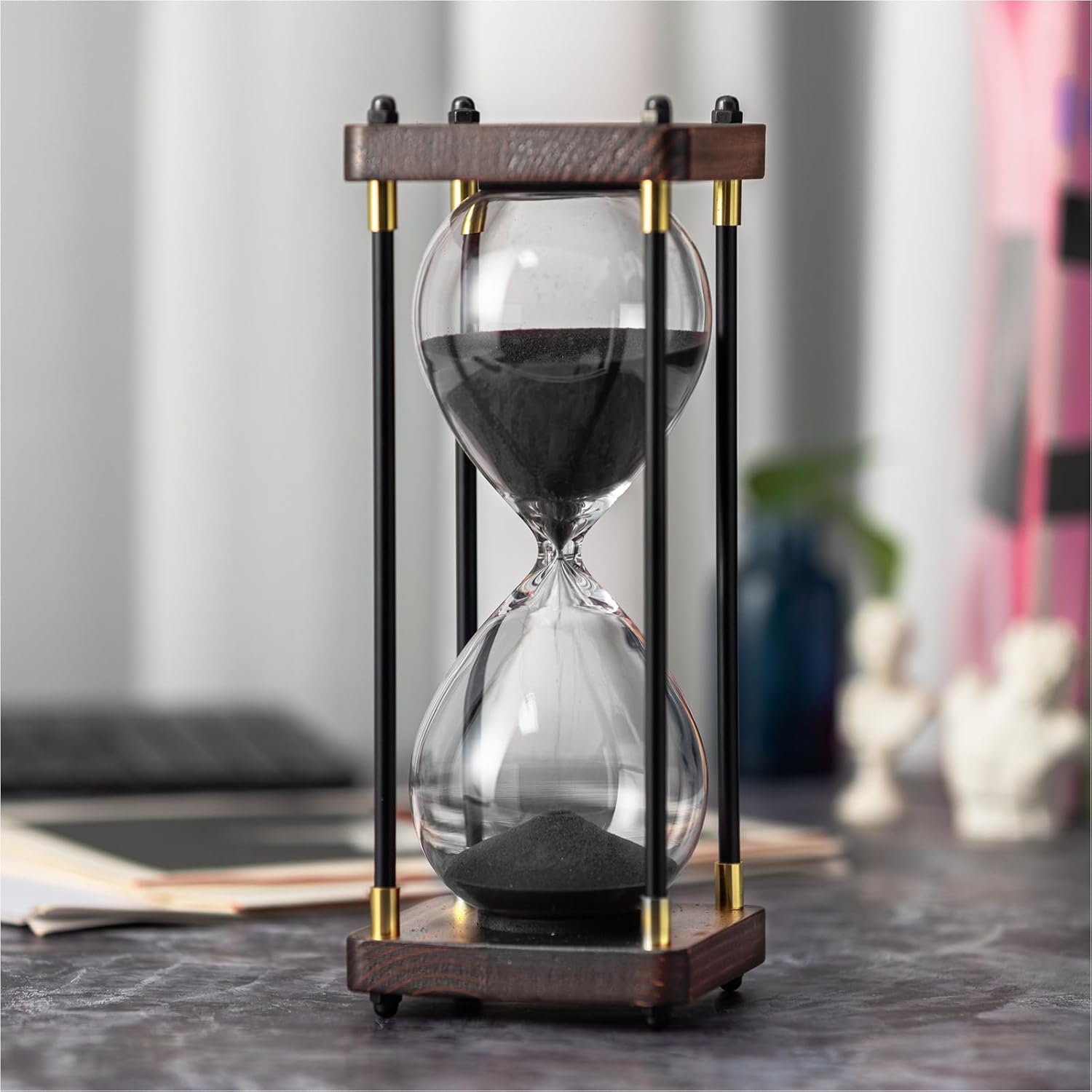 Hourglass Timer 60 Minute, Metal Wooden Frame Decorative Sand Timer (Black Sand, Large Size)