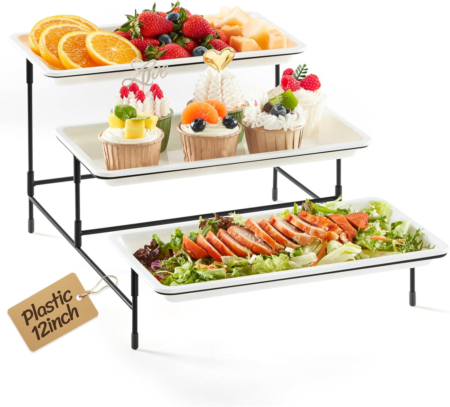 Lifewit Plastic 3 Tier Serving Tray for Party Supplies, 12" x 6.5" Crack-Proof Platters for Serving Food, White Reusable Trays with Black Metal Display Stand for Veggie, Fruit, Cookies, Dessert