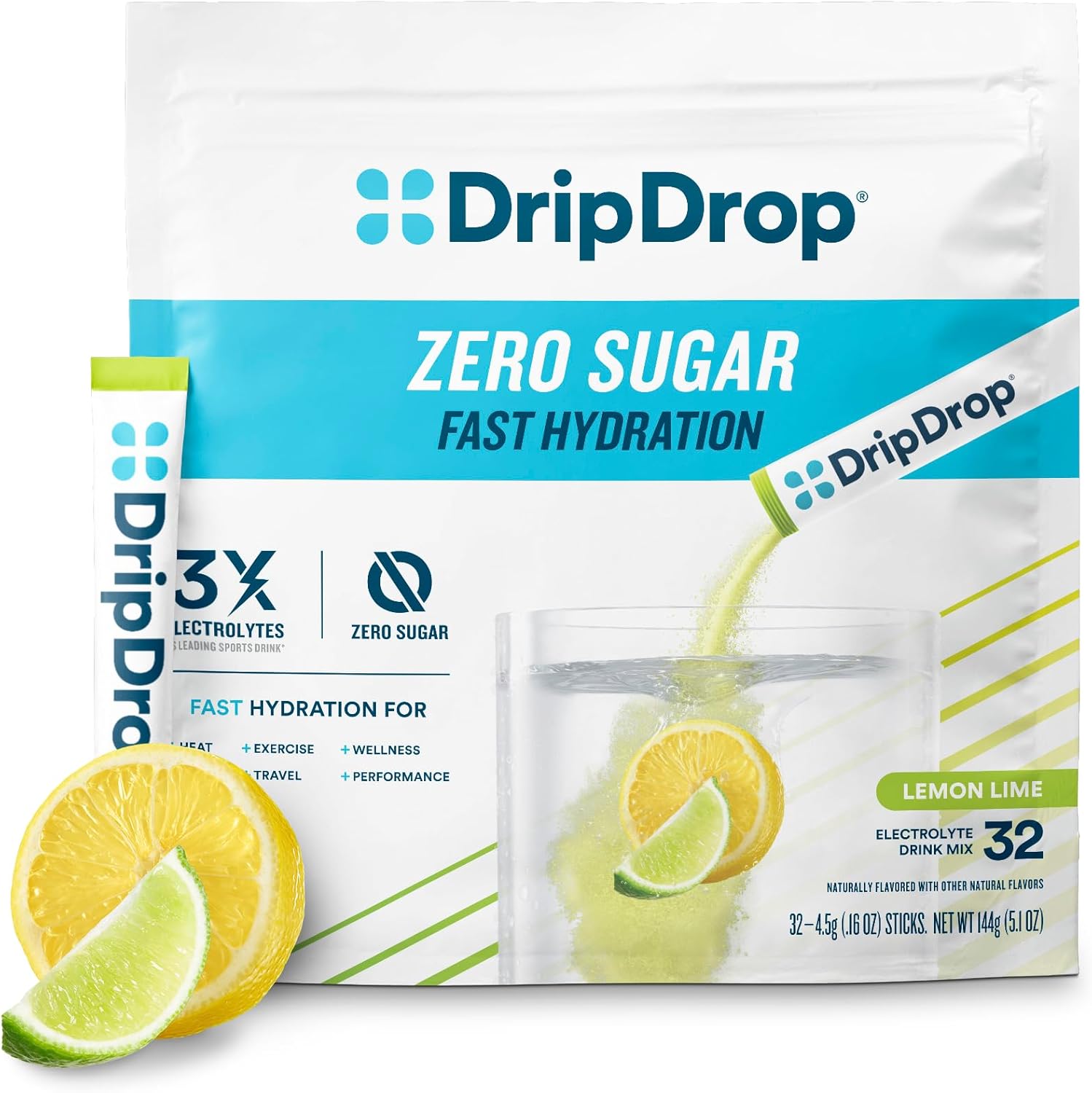 DripDrop Hydration - Zero Sugar Lemon Lime - Electrolyte Drink Mix Single Serve Hydration Powder Packets | Keto & Paleo Friendly | Non-GMO, Gluten Free, Vegan | 32 Sticks
