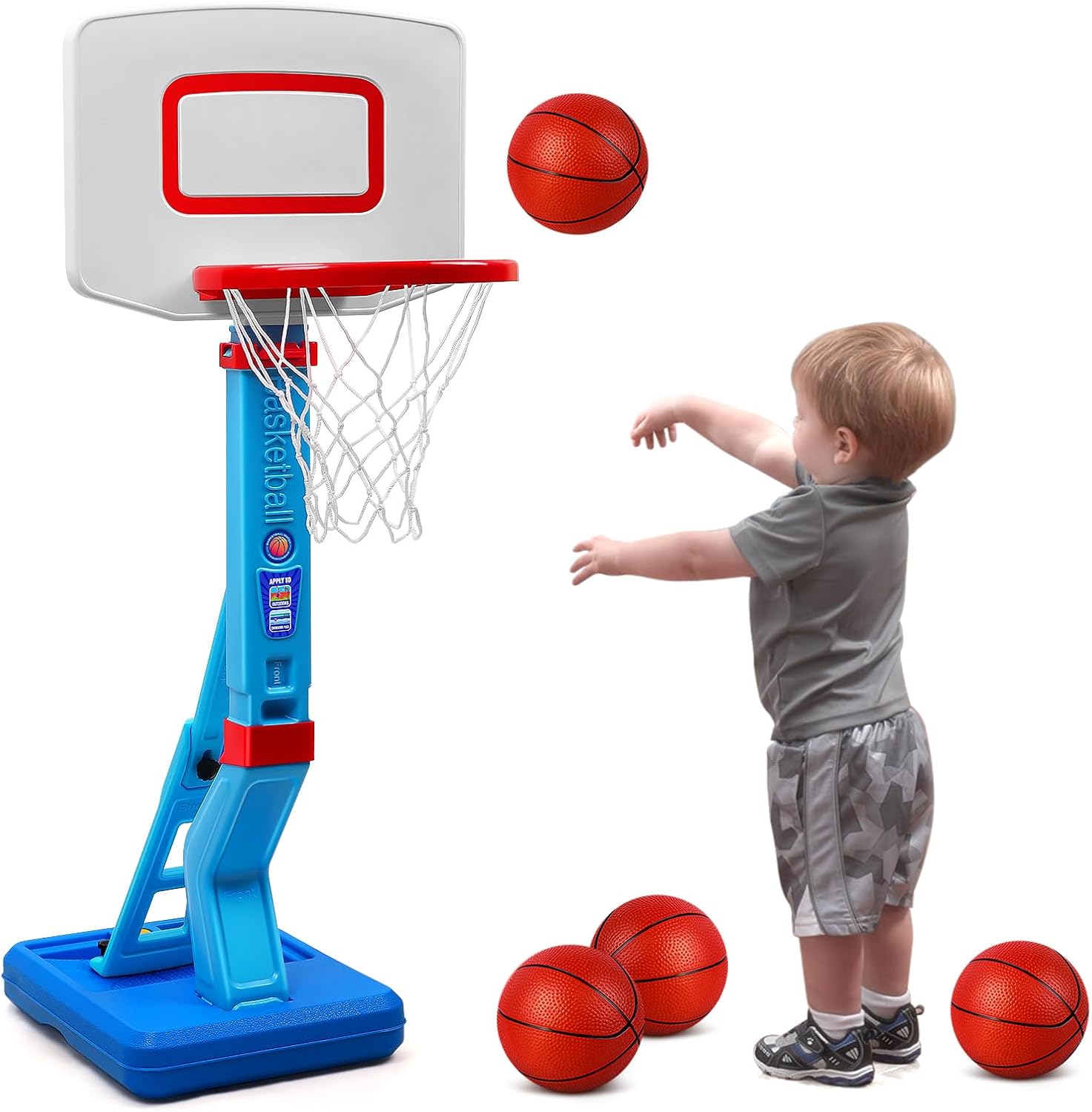 Erixazs Basketball Hoop for Kids with Stand - Height Adjustable Outdoor Indoor Toddler Basketball Hoop for Garden Toy Boys Girls 3-8