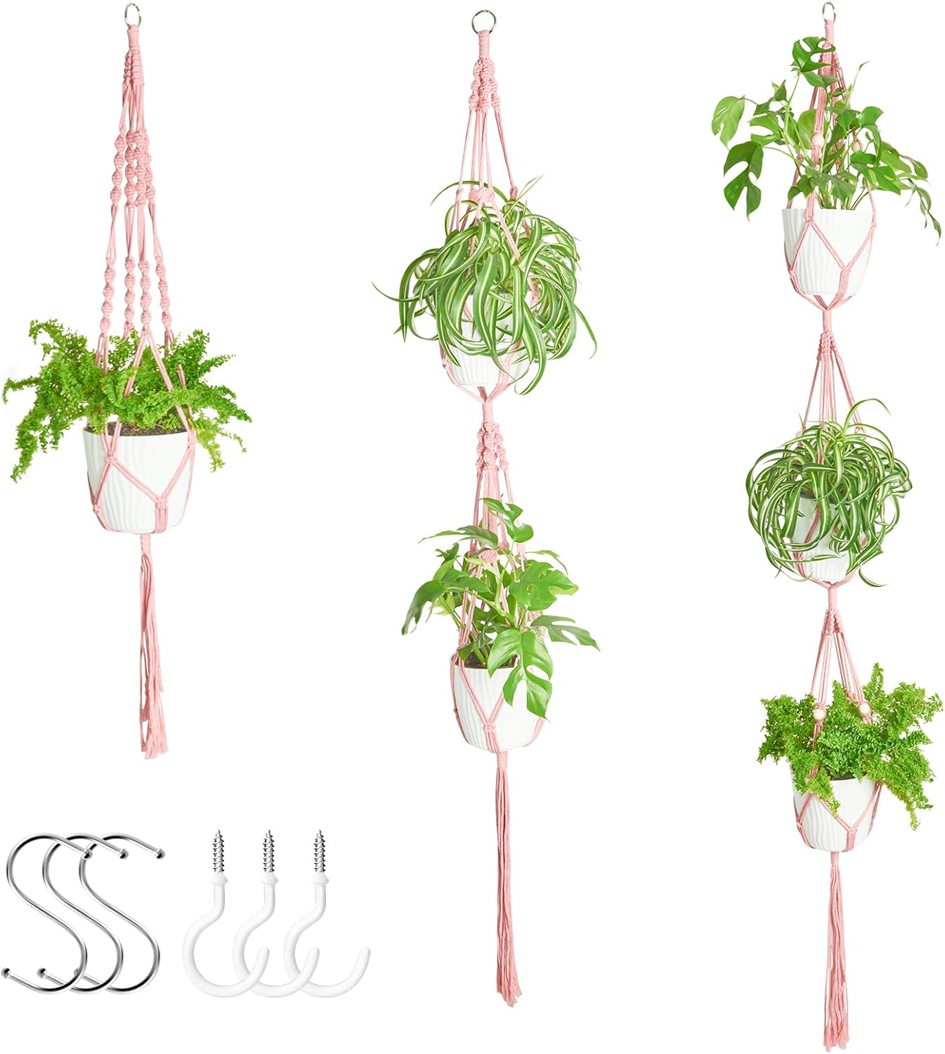 XXXFLOWER 3 Pack Macrame Plant Hanger Indoor Set with Hooks Handmade Woven Cotton Rope Flower Pot Crochet Plant Holder Stand Boho Plant Decor Hanging Planter Baskets Set of 3 with Beads Pink