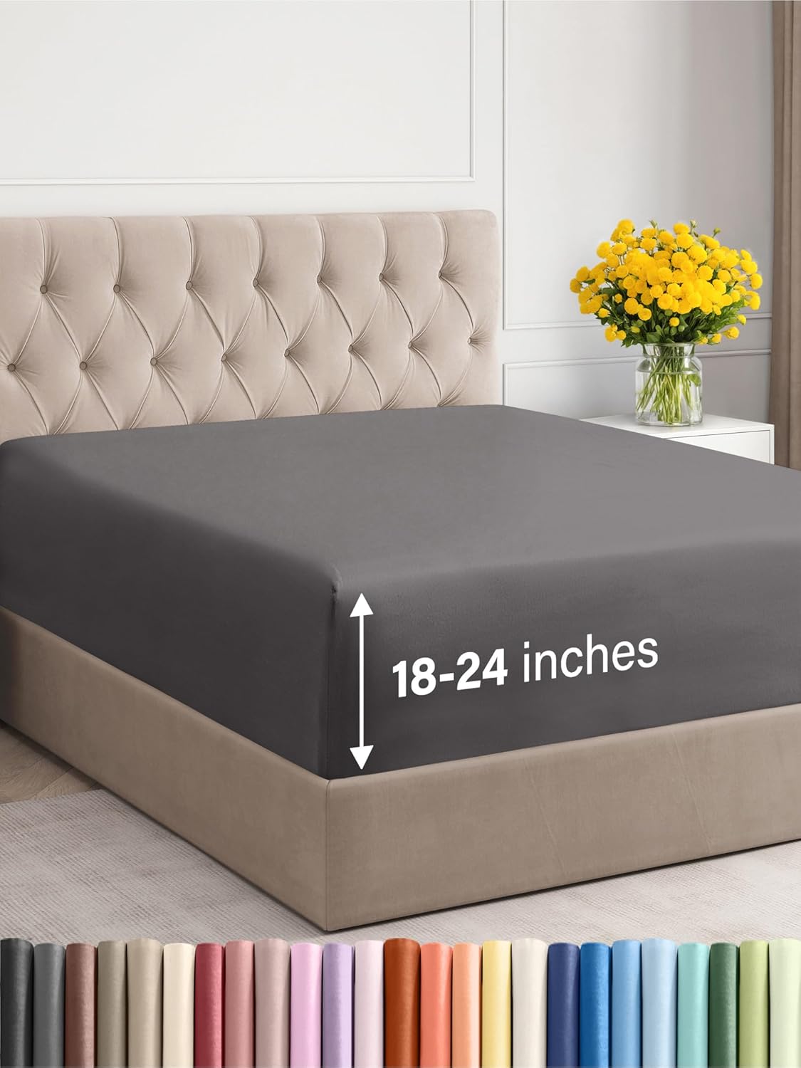 Extra Deep Queen Fitted Sheet - Hotel Luxury Single Fitted Sheet Only - Easily Fits 18 inch to 24 inch Mattress - Ultra Soft, Wrinkle & Fade Free w/Extra Deep Pockets - Breathable & Comfy - Dark Grey