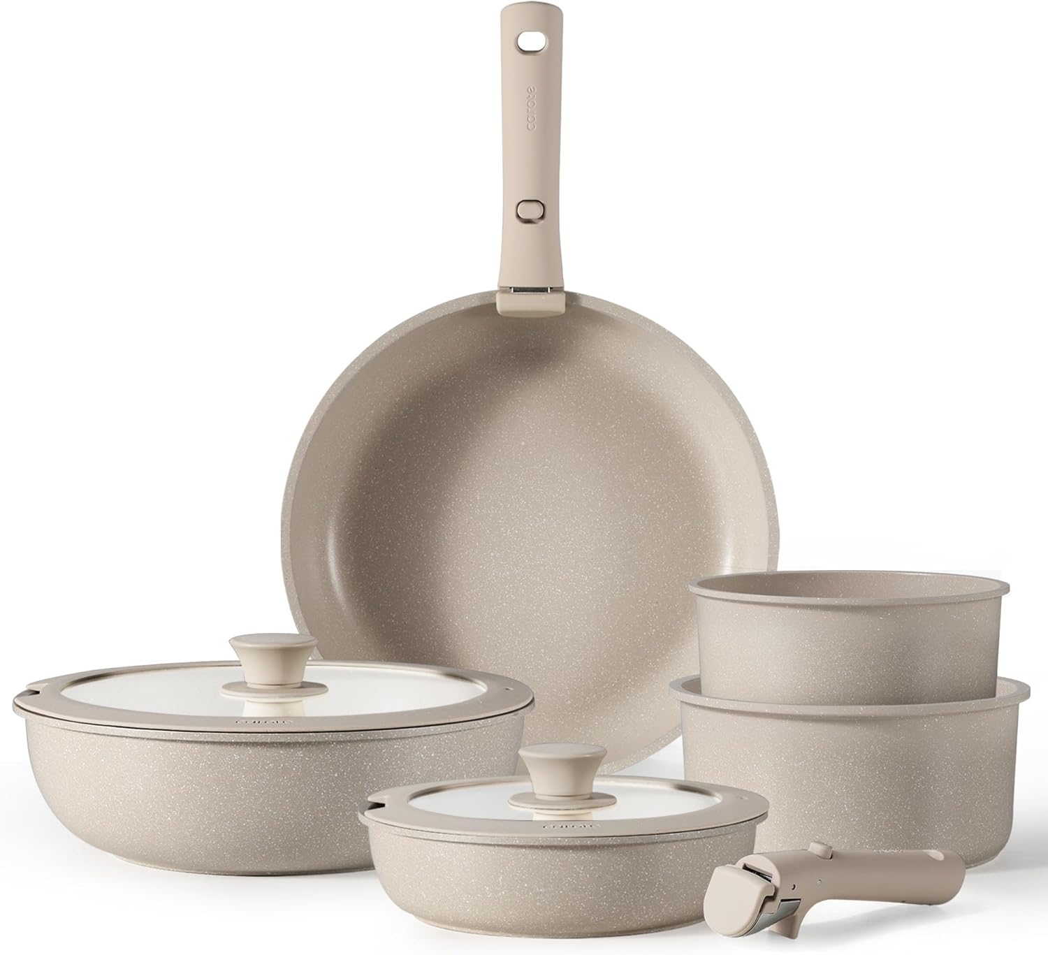 CAROTE 11pcs Pots and Pans Set, Nonstick Cookware Set Detachable Handle, Induction Kitchen Cookware Sets Non Stick with Removable Handle, RV Cookware Set, Oven Safe, Taupe