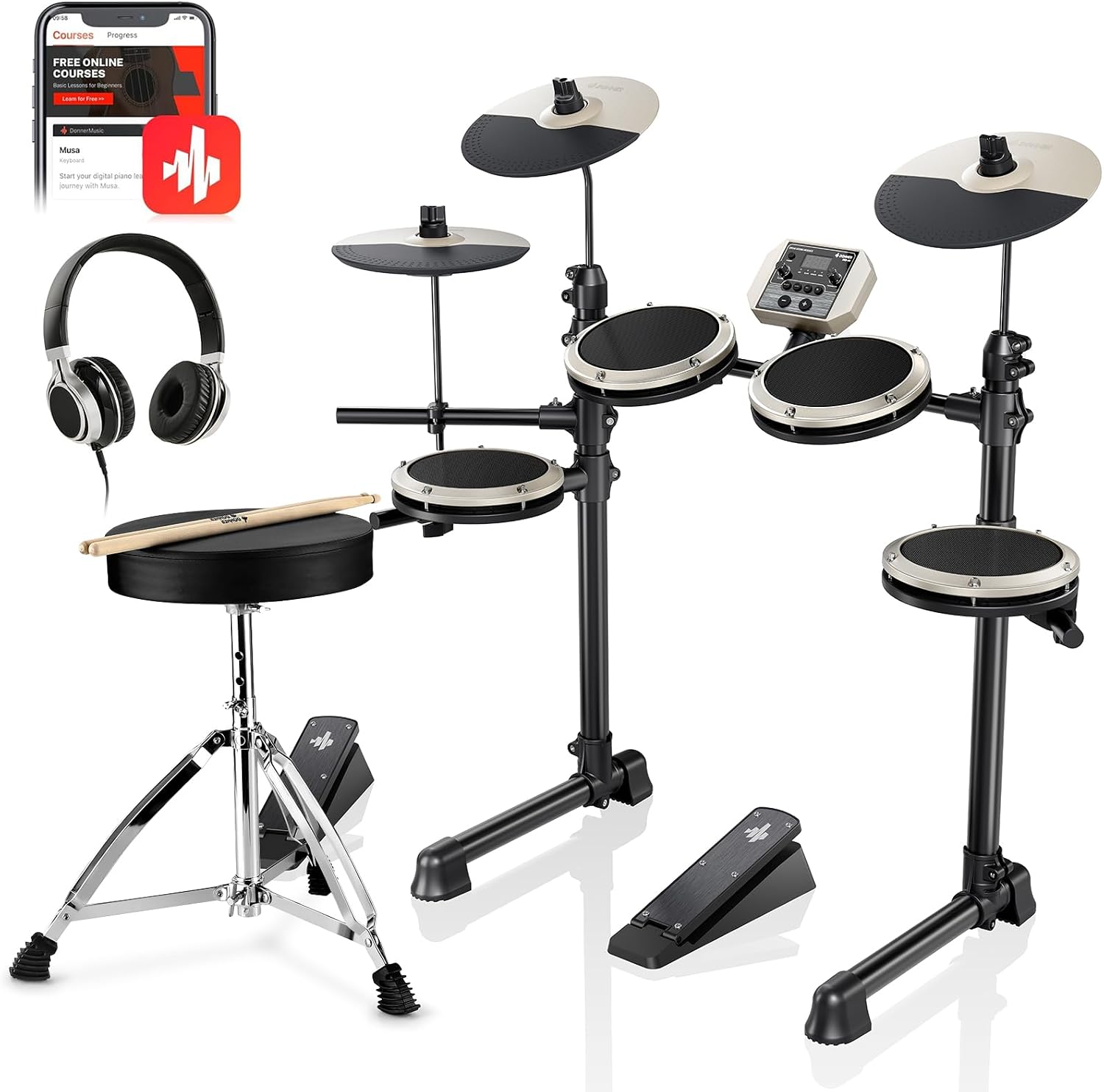 Donner DED-80 Electric Drum Kit with 4 Quiet Mesh Pads, 180+ Sounds, 30 Demo Songs, 10" Cymbals, 2 Pedals, Throne, Headphones, Sticks, USB MIDI, Melodics Lessons, White