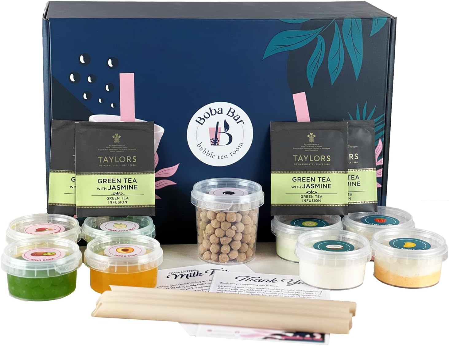 Happy Bundle Milk Bubble | 4 Different Milk Tea Flavours | 4 Popping Boba & Jelly Toppings | Tapioca Pearls(Serves 4) | 4 Bamboo Straws & 4 Green Tea Bags by Boba Bar London