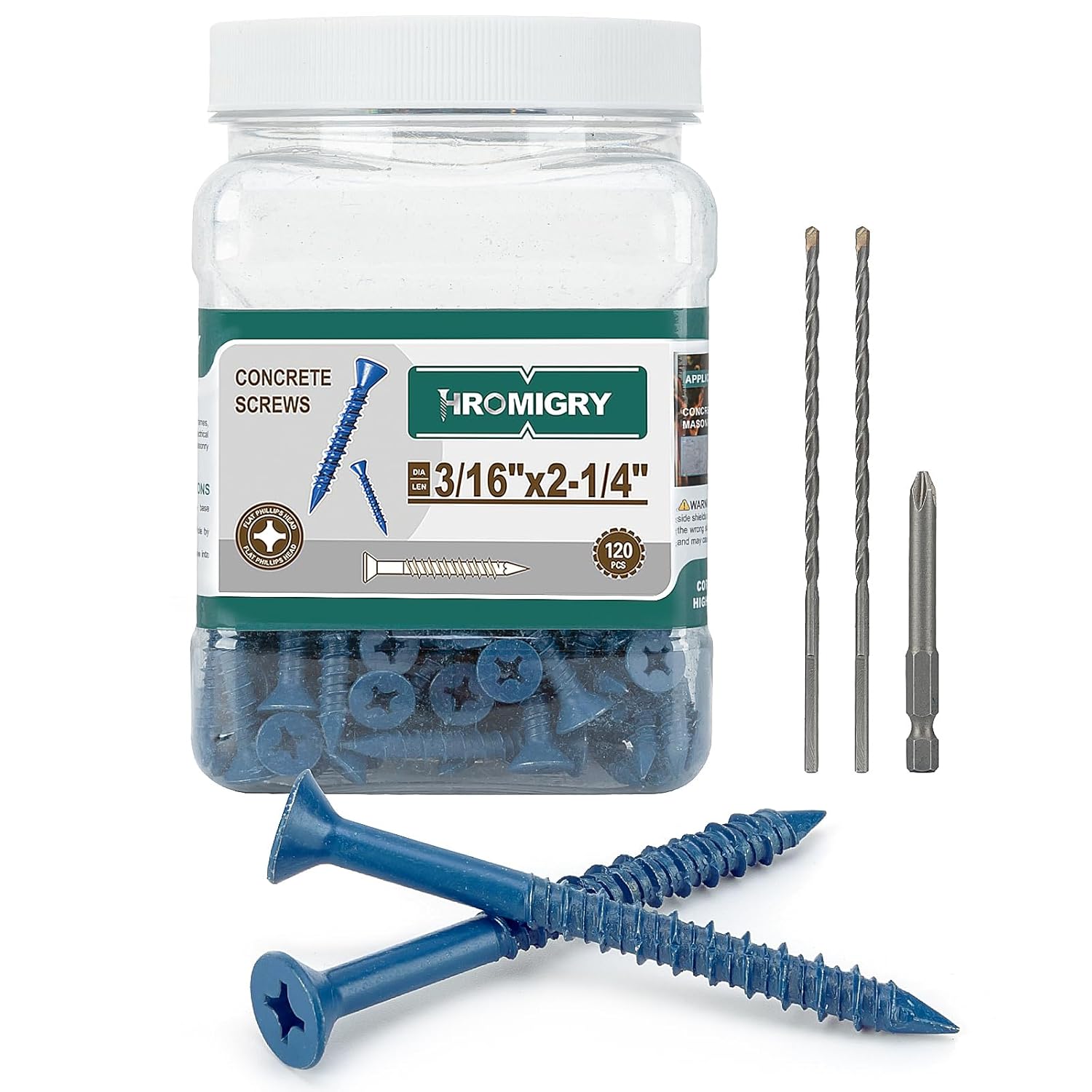 3/16" x 2-1/4" Concrete Screws (120 PCS) Flat Head 3/16 inch Concrete Anchors with Drill Bits for Masonry, Cement, Stucco, Brick and Block