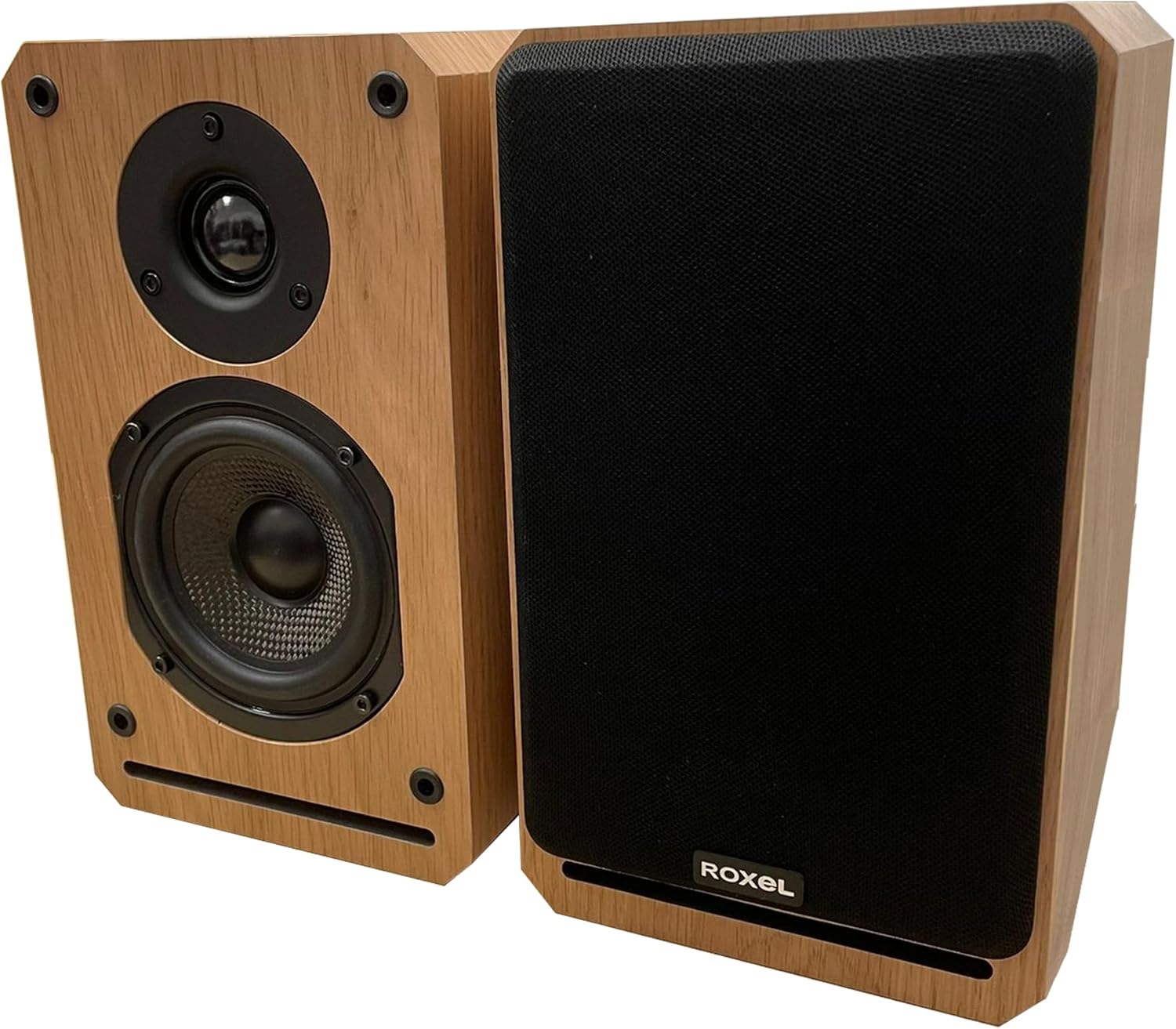 Roxel RBS 300 Passive Bookshelf Speaker, Wood Effect Cabinet with 4 inch Enhanced Carbon Fibre Woofer, 1Inch Silk Dome Tweeter, Detailed and Refined Sound, Deep Bass 150W RMS (Oak)