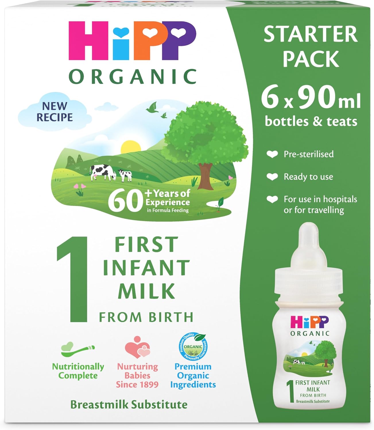 HiPP Organic 1 First Infant Baby Milk Ready to feed liquid formula starter pack, From birth (6 x 90ml bottles)