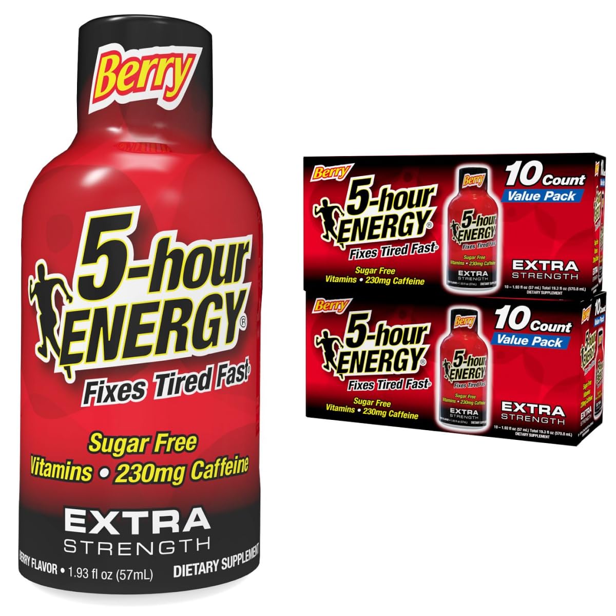 5-hour ENERGY Extra Strength Berry Energy Shot 1.93oz, 20-Pack – Sugar Free Caffeine Energy Booster with B-Vitamins & Amino Acids – Zero Calorie