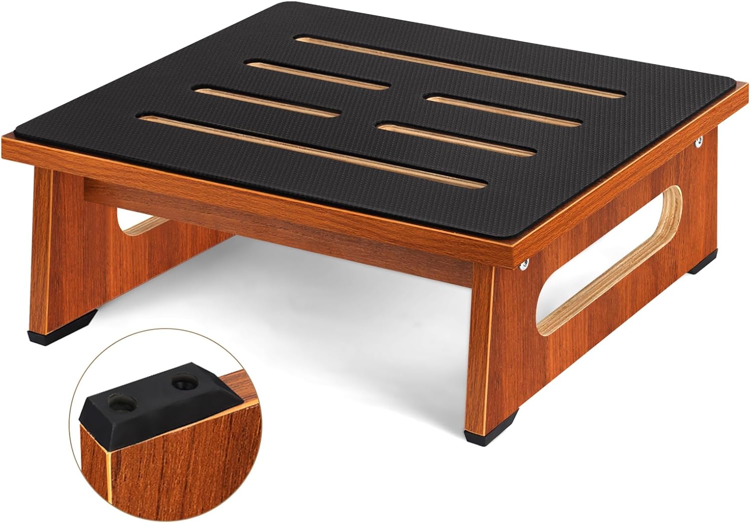 One Step Stool for Adults Seniors with Non-Slip Rubber Stepping Surface, Portable Single Wooden Riser, 450 LBS Capacity for Bedroom Kitchen Bathroom, or Bedside, Senior Support (Brown)