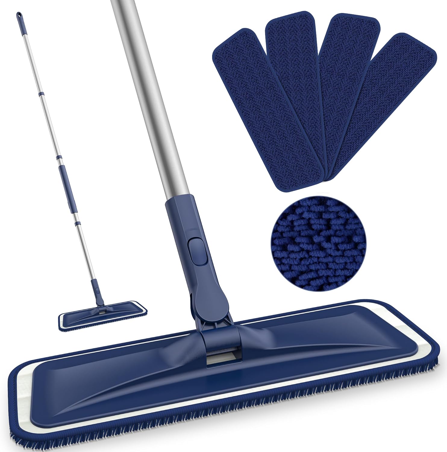 Microfibre Mops for Cleaning Floors - BPAWA 150cm Flat Floor Mop with 4 Washable Pads Reusable Chenille Wet Dry for Mopping Dust Hard Wood Laminate Vinyl Tile Wooden Small Bathroom Kitchen Walls