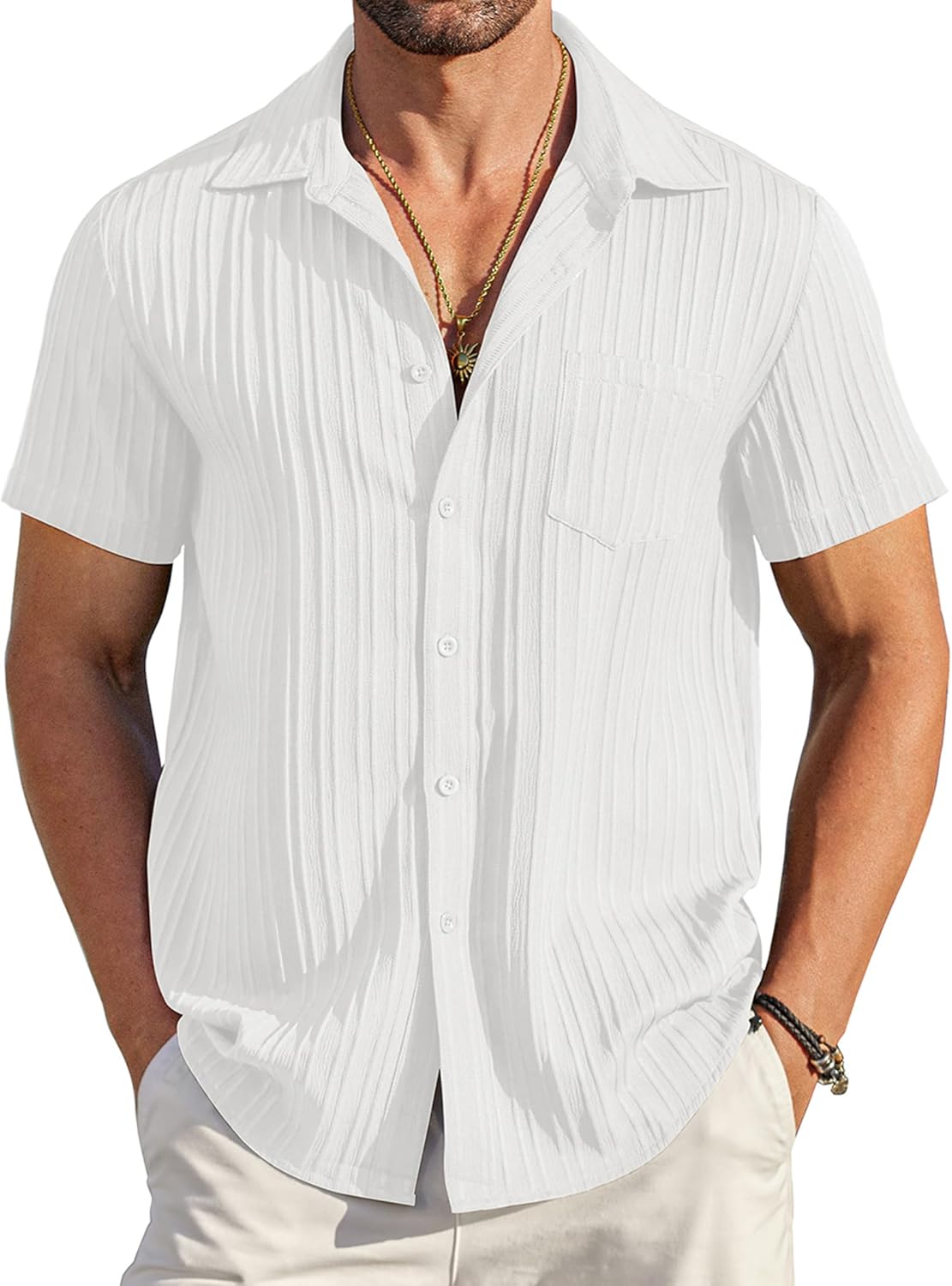 COOFANDY Men's Casual Button Down Shirts Short Sleeve Textured Summer Beach Shirt with Pocket