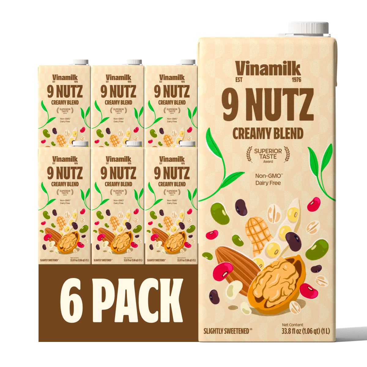 Vinamilk 9 Nutz Creamy Blend | Pack 6 | Oat Almond Walnut + Whole Soy Beans, Plant Based Milk, 33.8 Fl Oz Each, Light Sweet, Shelf Stable - Lactose Free, Dairy Free, Glyphosate Free