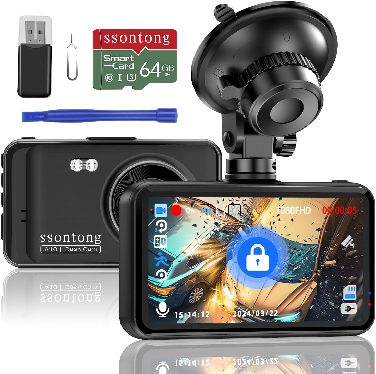 Dash Cam, Dashcam 1080P FHD Car Camera Dash Cam Front DVR Dashboard Dash Camera W/ 64GB Card, Night Vision, 170°Wide Angle 3”IPS Screen Dash-cam Loop Recording G-sensor Motion Detection Parking Mode