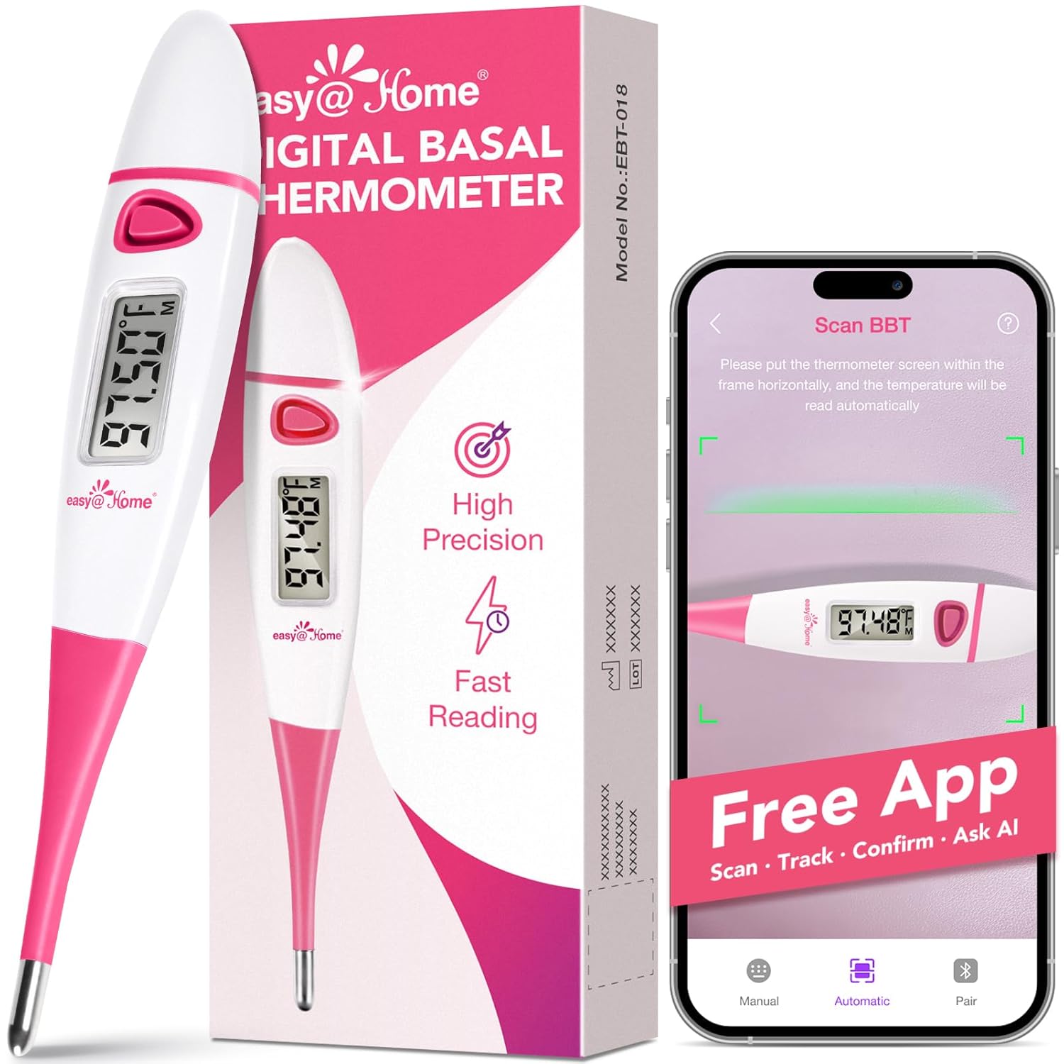 Easy@Home Basal Body Thermometer: BBT for Fertility Prediction with Memory Recall - Accurate Digital Basal Thermometer for Temperature Monitoring with Premom App - EBT-018 (Pink)
