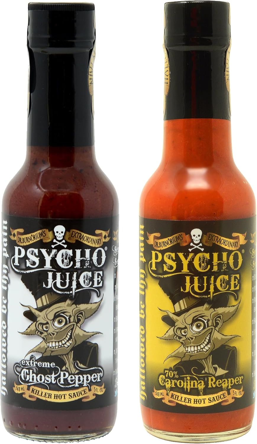 Psycho Juice Hot Chilli Sauce Set – 70% Carolina Reaper & Extreme Ghost Pepper – 600,000 Scoville Heat 2 x 148ml Bottles – Extreme Heat for Chilli Lovers
