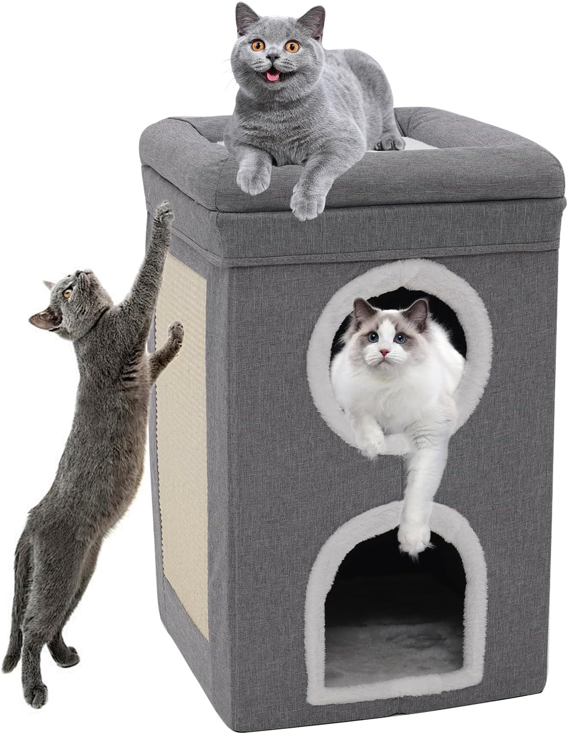 Cat House for Indoor, Large Cat Cave with Cat Scratching Board,Three Layer Condo With Cushions,Foldable Cat House for Cats 40 x 40 x 60 cm