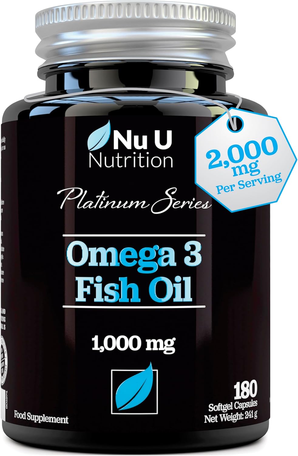 Omega 3 Fish Oil 2000mg per Serving - 180 Softgel Capsules - Premium Double Strength 660mg EPA & 440mg per Serving - 3 Month Supply - Sustainably Sourced - with Vitamin E - Nu U Nutrition