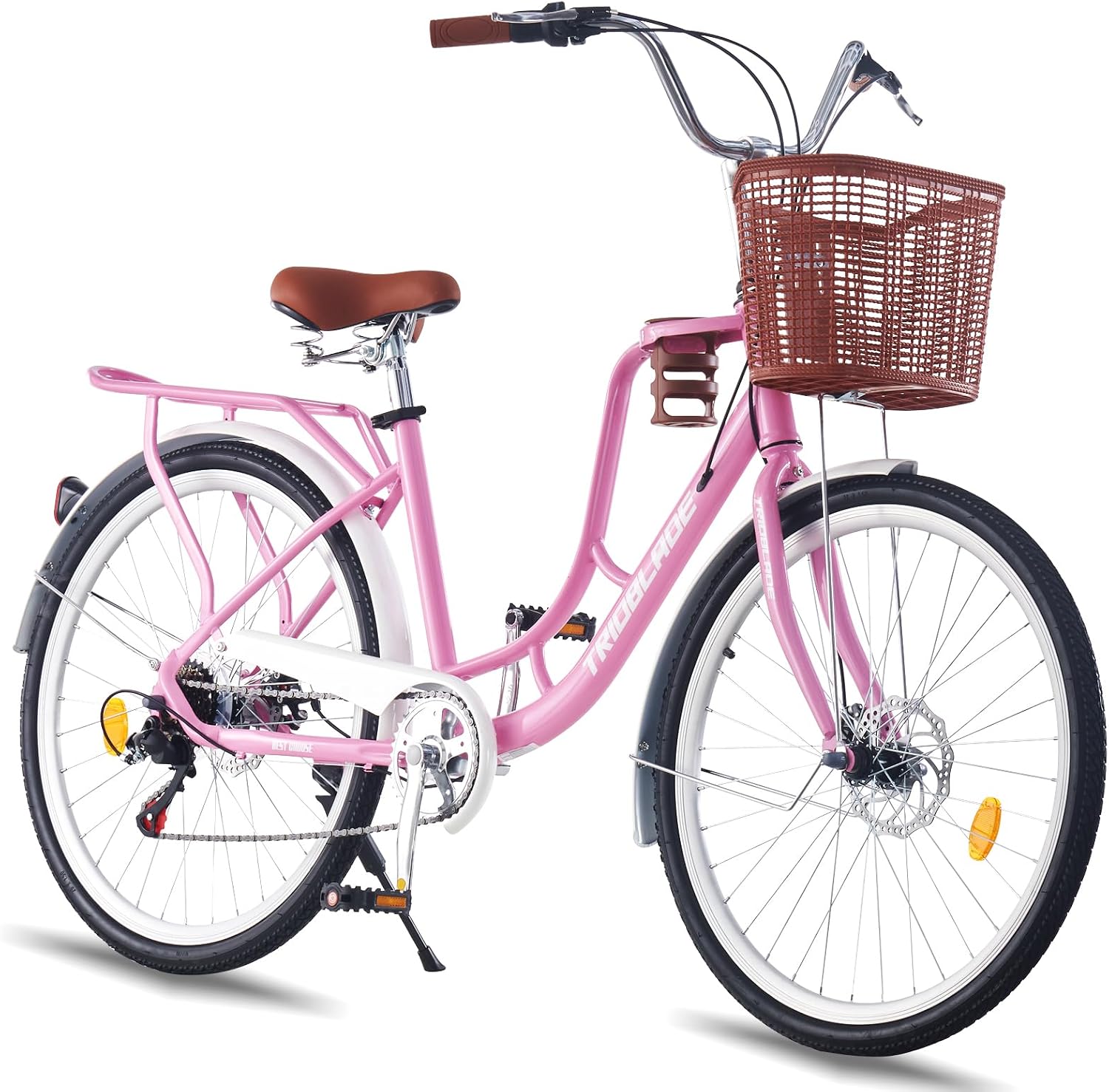 24/26in Ladies Bike with Basket 7 Speed City Bicycle Women Girls Comfort Bike Lightweight Frame Hybrid Disc Brakes with Cupholder Steel Rear Rack Adjustable Handbar and Seat