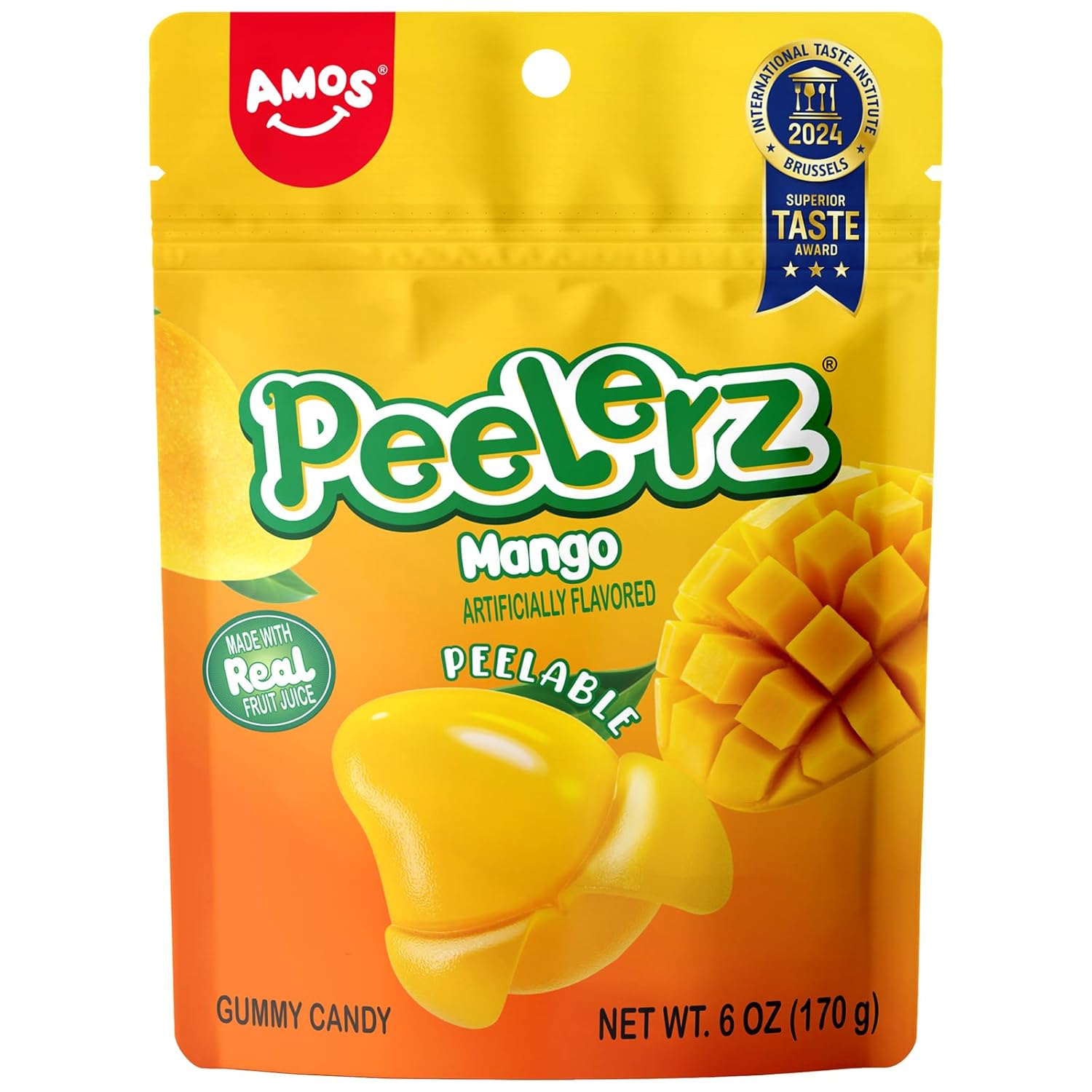 AMOS Peelerz Peelable Mango Gummy Candy,Soft Chewy Gummy Snack Made with Real Fruit Juice, Pack of 1
