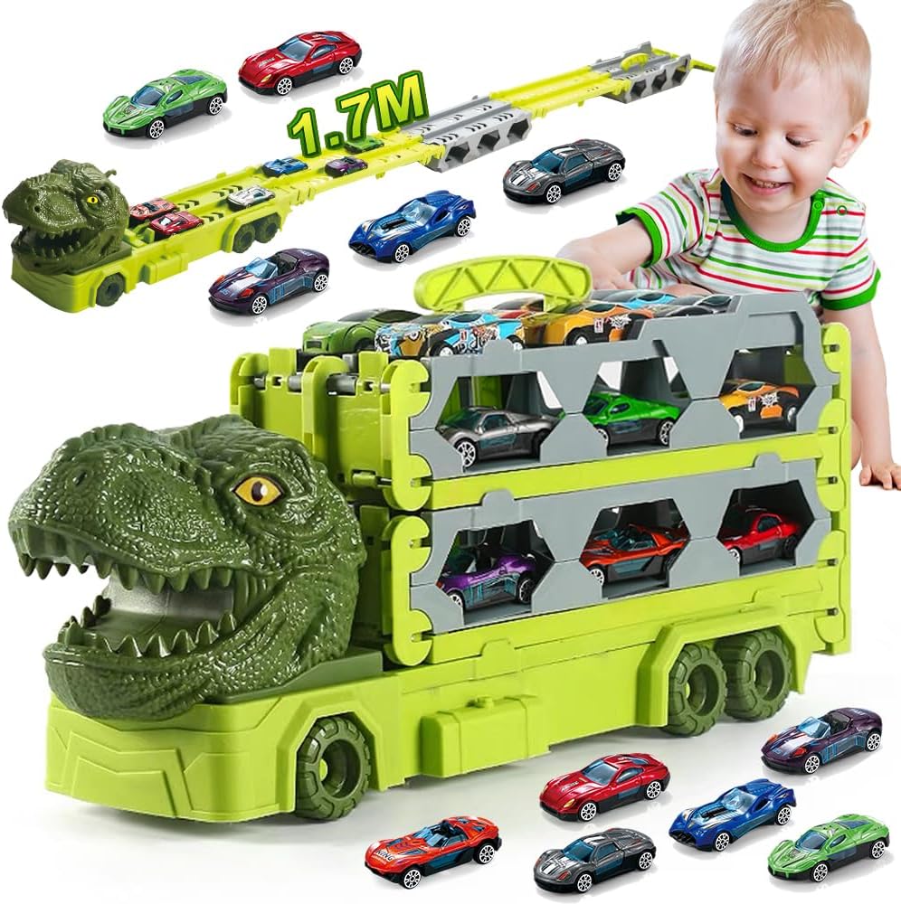 VATOS Transport Truck Toys for Boys Ages 3-8, Portable Dinosaur Race Track With 6 Cars Carrier Vehicle Set for Kids