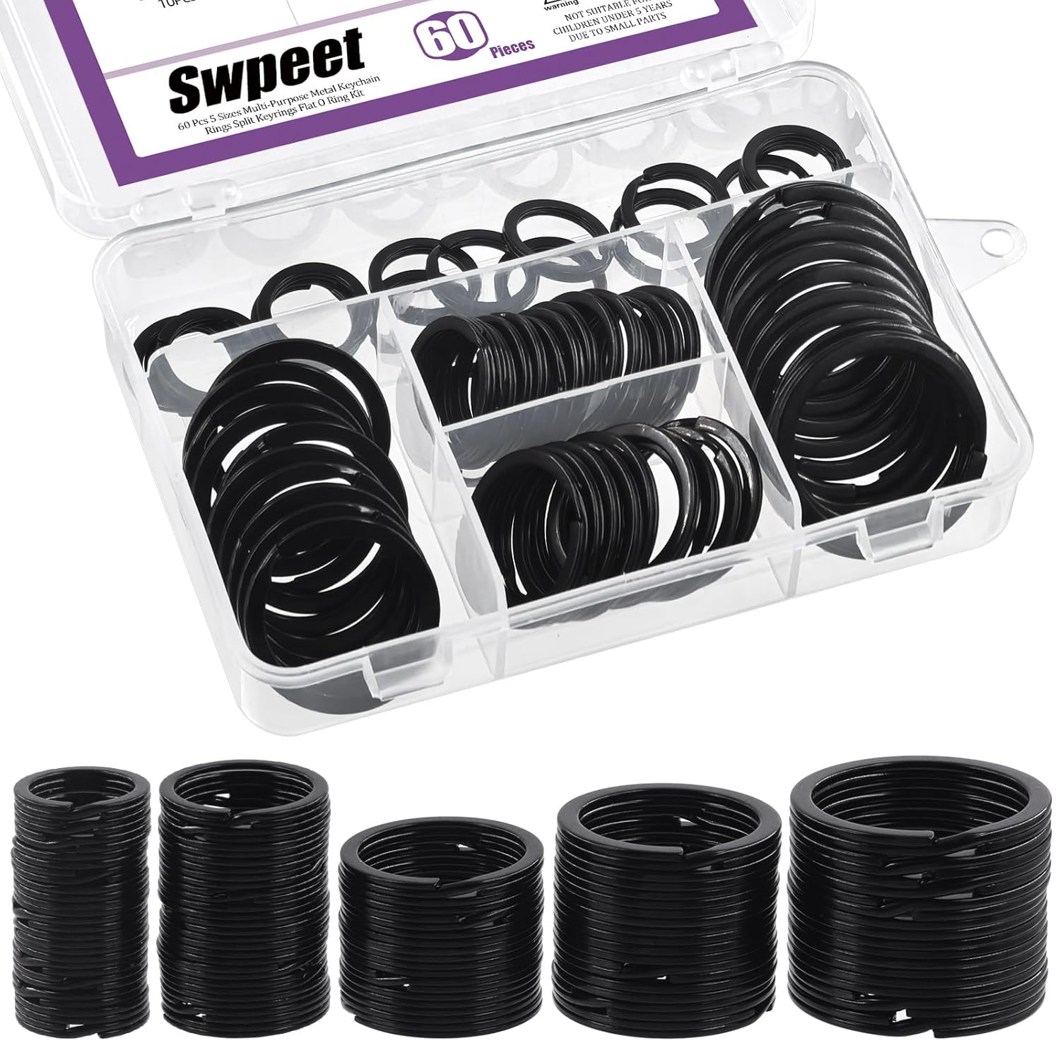Swpeet 60 Pcs Black Assorted Multi-Purpose Metal Keychain Rings Split Keyrings Flat O Ring for Home Car Keys Attachments Keys Pendants - 20mm, 25mm, 30mm, 35 mm, 38 mm