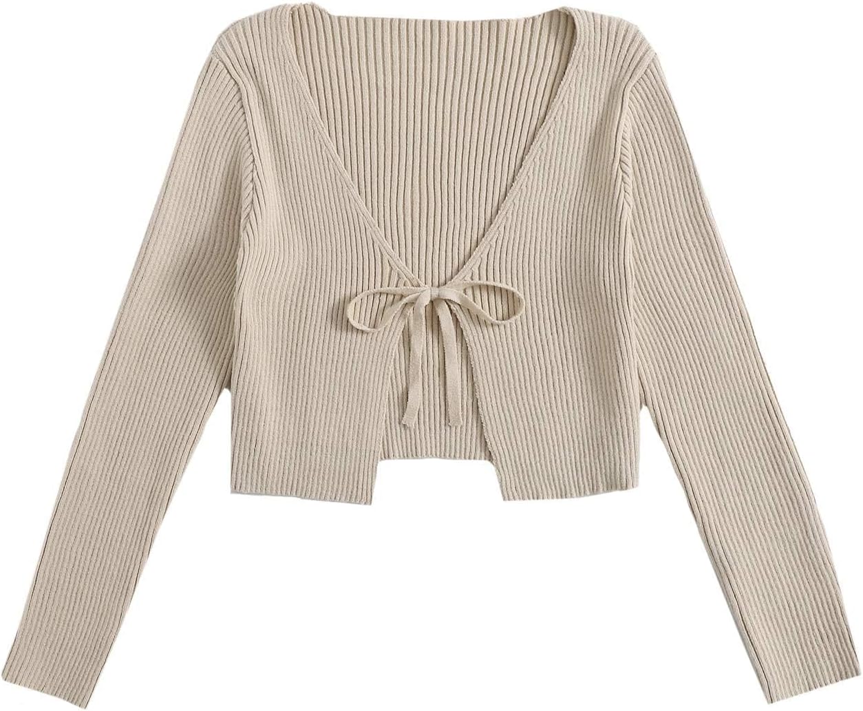 Floerns Women's Tie Front Long Sleeve Rib Knit Shrug Sweaters Cardigan Crop Top