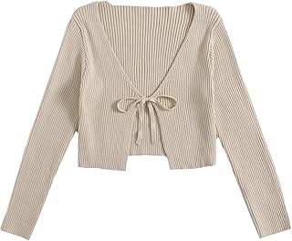 Floerns Women's Tie Front Long Sleeve Rib Knit Shrug Sweaters Cardigan Crop Top