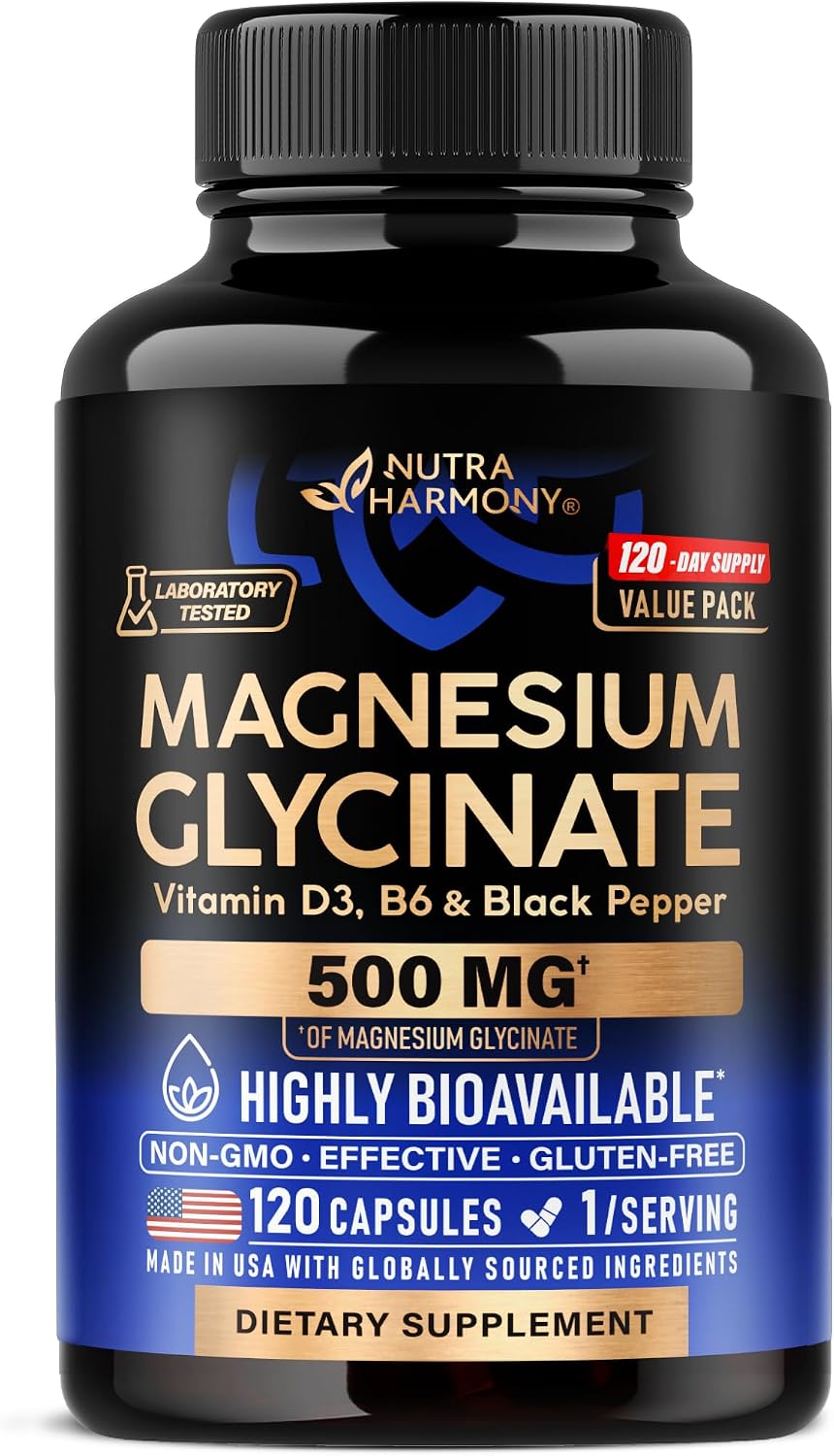 Magnesium Glycinate 500mg - VIT. B6 & D3 - Sleep, Muscle & Heart - 120 Caps