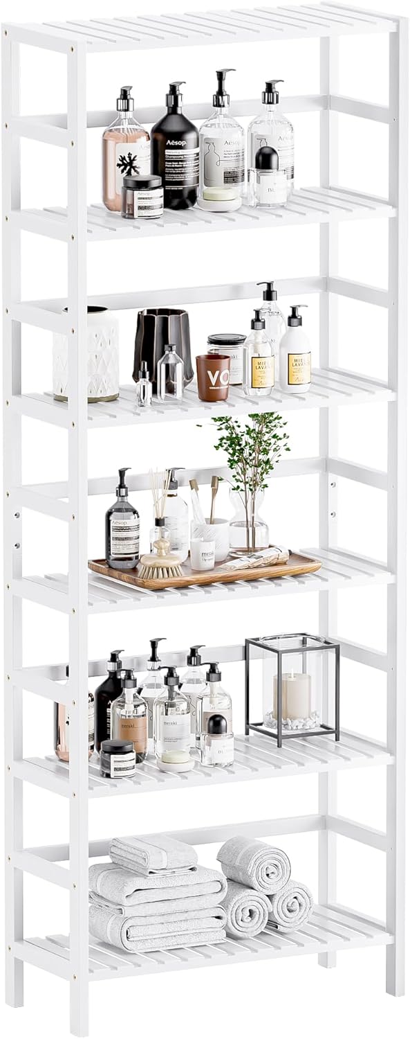 HITNET White Bookshelf, 6-Tier Adjustable Tall Bookcase, Bamboo Book Shelf Organizer, Free Standing Storage Shelving Unit, Display Flower Plant Stand for Small Spaces