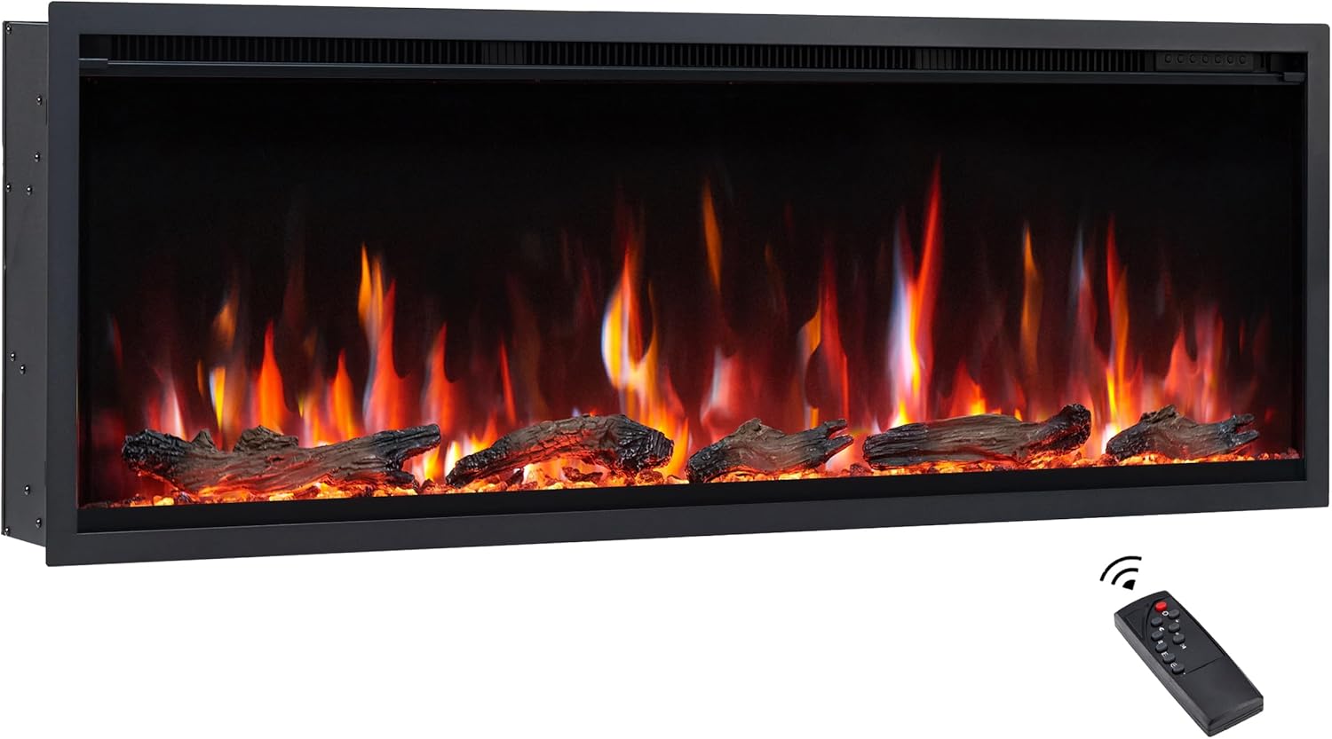 FlameKo Avena 127cm/50" Slim Frame Recessed Media Wall Inset Electric Fireplace with Multi Flame Colours, with Logs, Heater 750W & 1500W