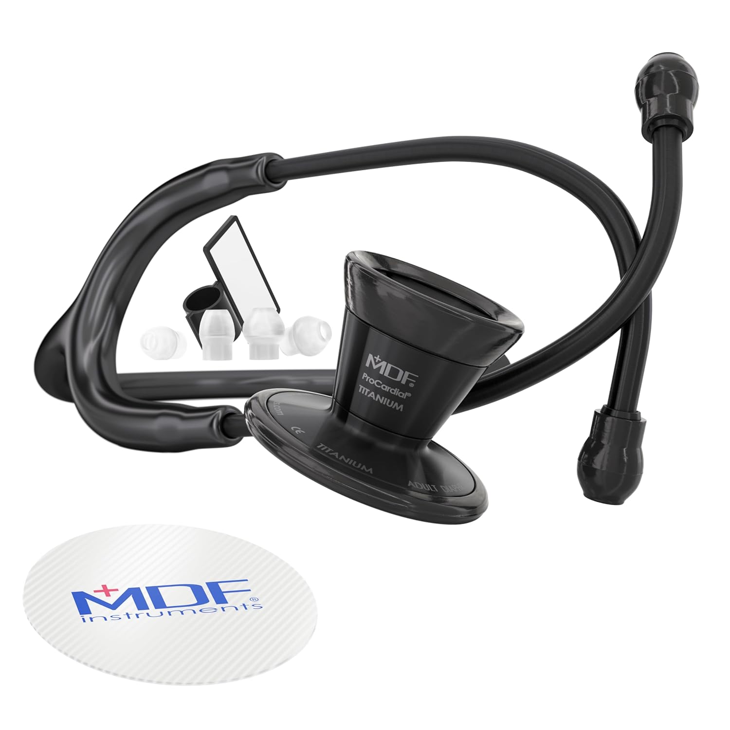 MDF Instruments, ProCardial Cardiology Stethoscope, Lightweight Titanium, Adult, Dual Head, Black Tube, Black Chestpiece-Headset, MDF797TBO11