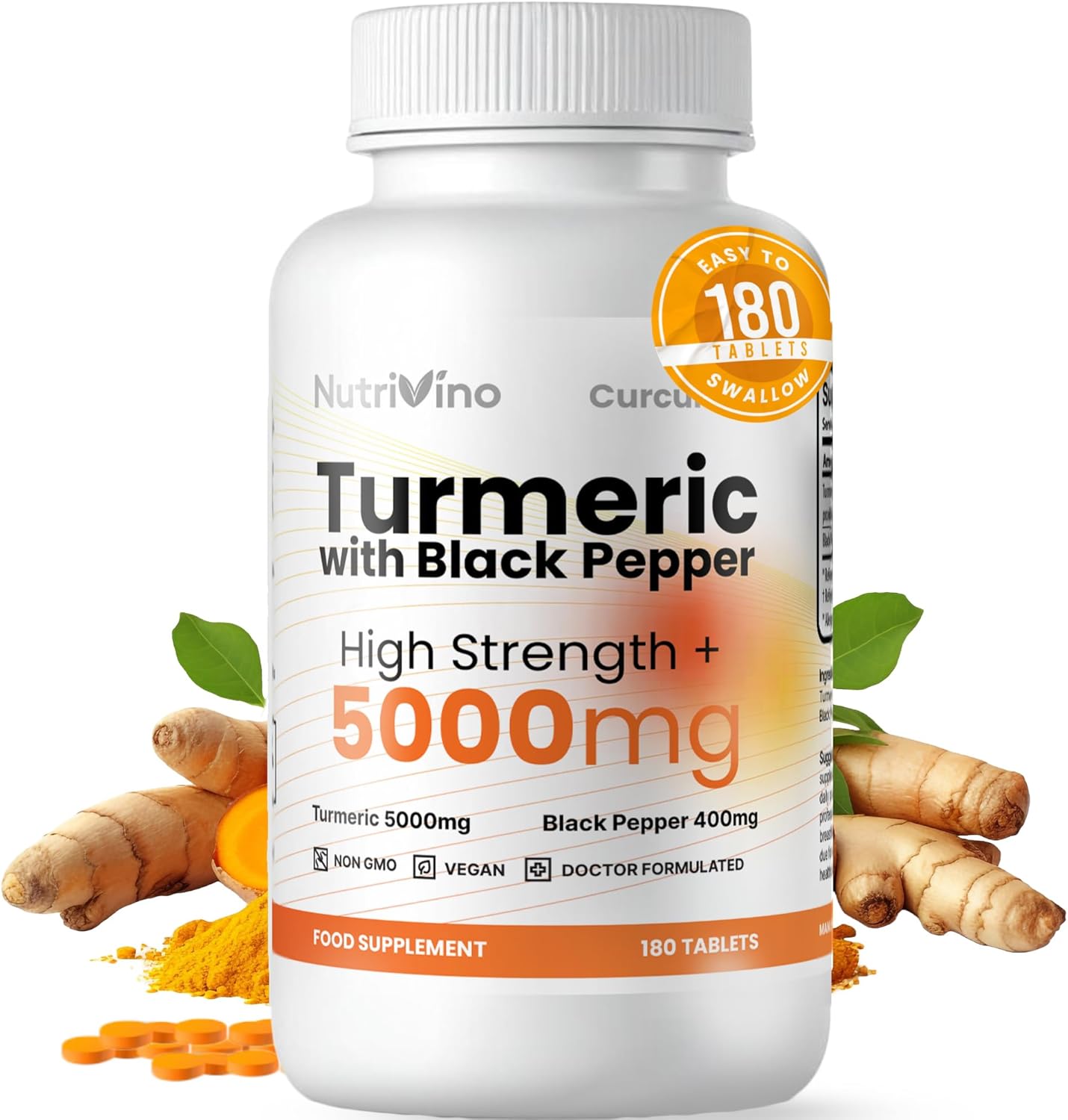 Turmeric Tablets 5000mg with Black Pepper | 95% Curcumin Extract | 180 Easy to Swallow Tiny Turmeric and Black Pepper Tablets | Vegan & Cruelty-Free | Supplements for Men and Women by Nutrivino