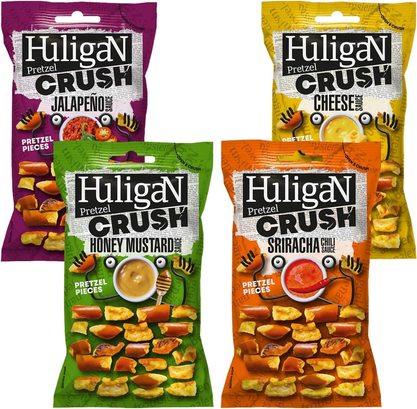 Huli-gan Pretzel Pieces 65g Assorted Pack of 4 (Cheese, Pizza, Honey Mustard, Sriracha Chilli Sauce)