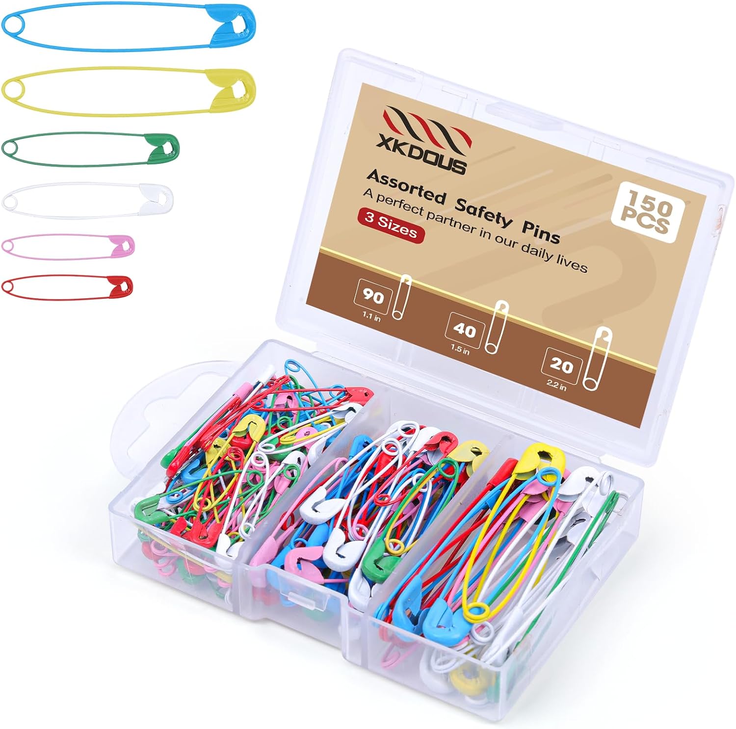 XKDOUS Safety Pins - 150 Pcs Assorted Sizes 6 Color Pins Bulk - Small & Large Heavy Duty for Clothes, Sewing, Craft