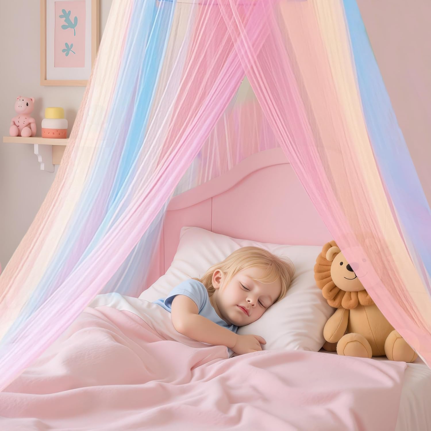 Huiguli Rainbow Bed Canopy, Round Dome Girls Bedroom Accessories, Kids Princess Bed Curtains and Mosquito Nets, Dreamy Bed Canopy for Girls