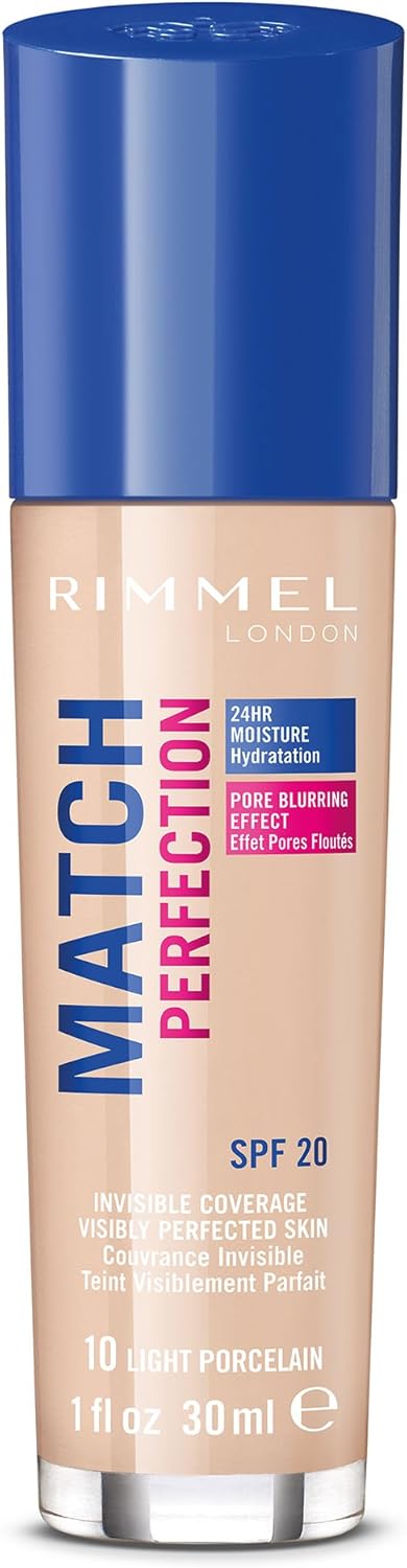 Rimmel Match Perfection Foundation 010 Light Porcelain, Medium Coverage, 24hr Hydration, No Caking or Creasing, Lightweight, Reduces Imperfections, Invisible Coverage, SPF20, Cruelty Free