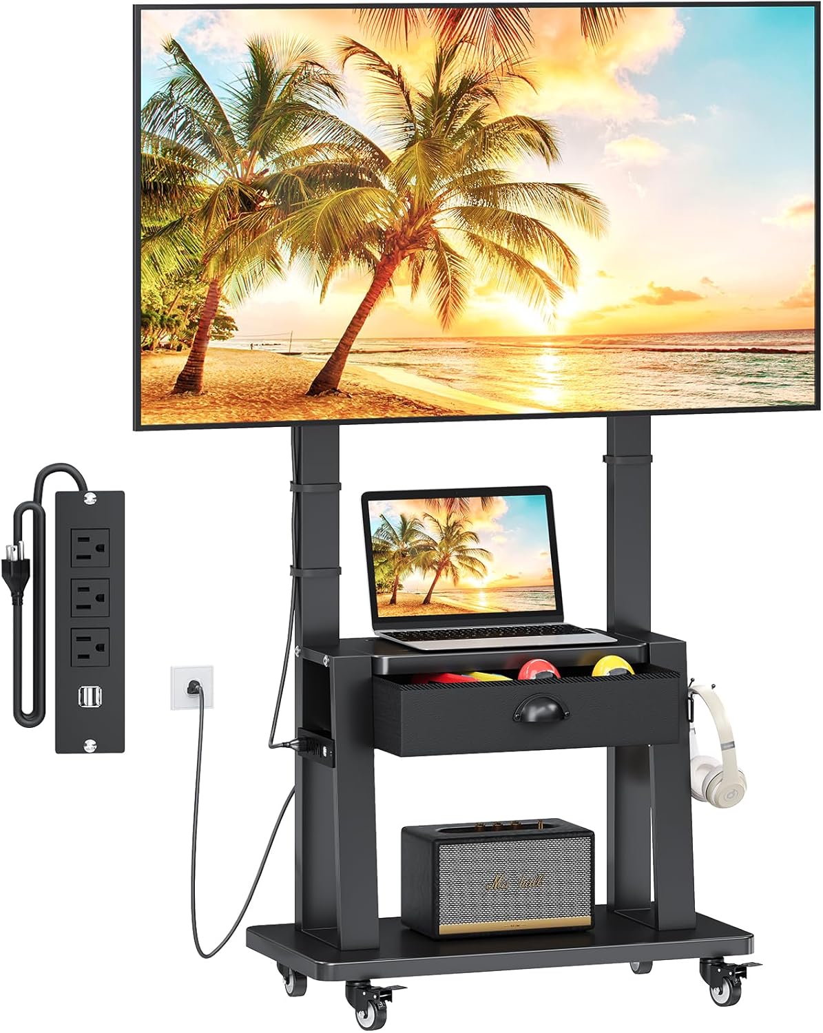 Rolling TV Stand with Power Outlet,TV Cart with Fabric Drawer for 23-75 inch Flat/Curved Screen Up to 120lbs,Adjustable Height Mobile TV Stand with Wheels,for Indoor Outdoor,Max VESA 600x400mm