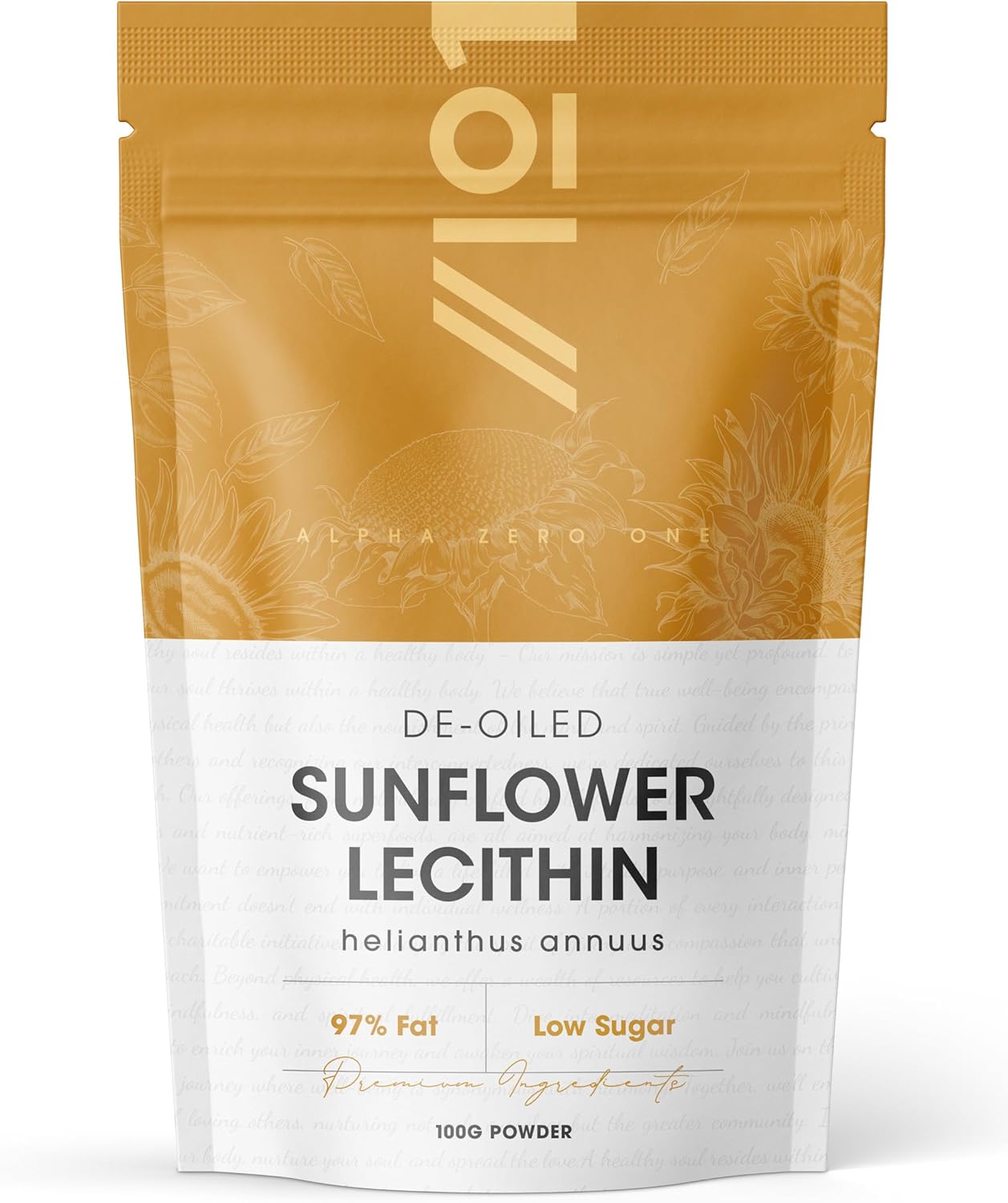 Sunflower Lecithin Powder 100g – De-Oiled 97% Essential Fat – Premium Quality – Resealable and Recyclable Pouch by Alpha01