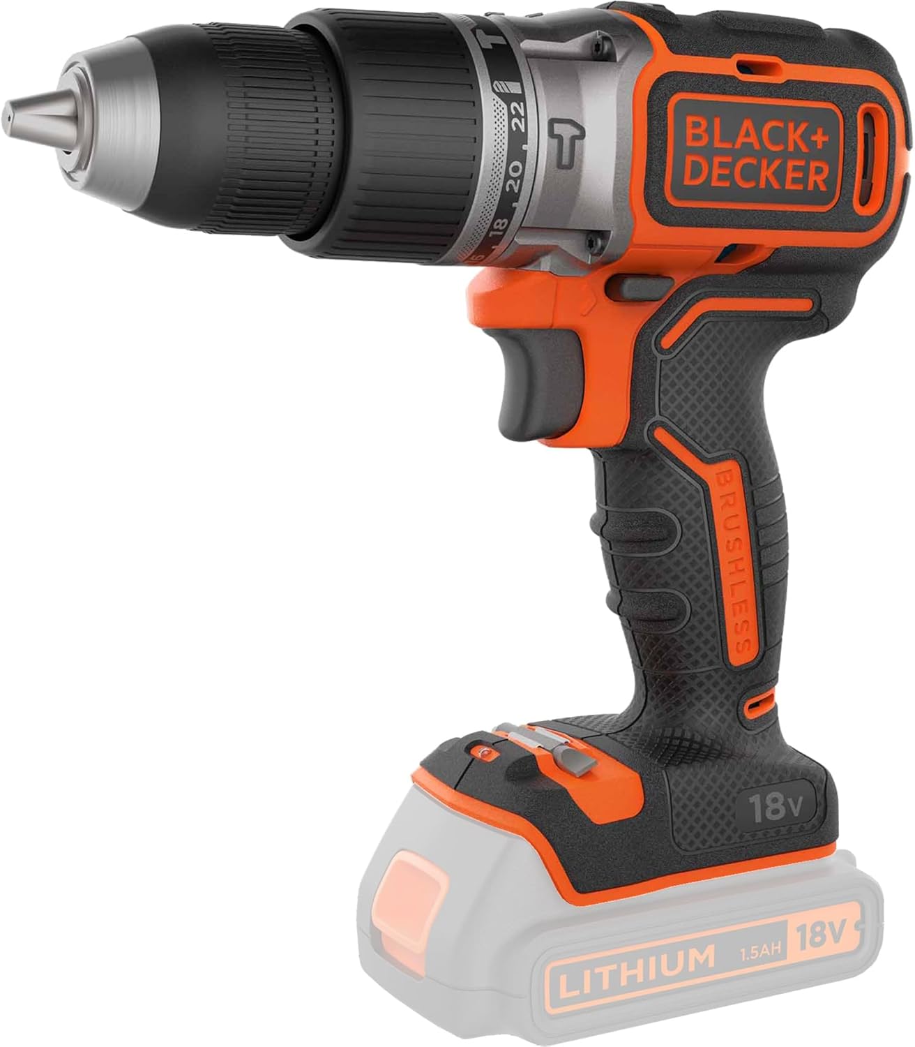 BLACK+DECKER 18V Cordless Brushless 2 Gear Hammer Drill, High Performance with 28,050 BPM, 52Nm Torque, 2 Speed Settings for Wood and Steel Drilling, Bare Tool, BL188N-XJ