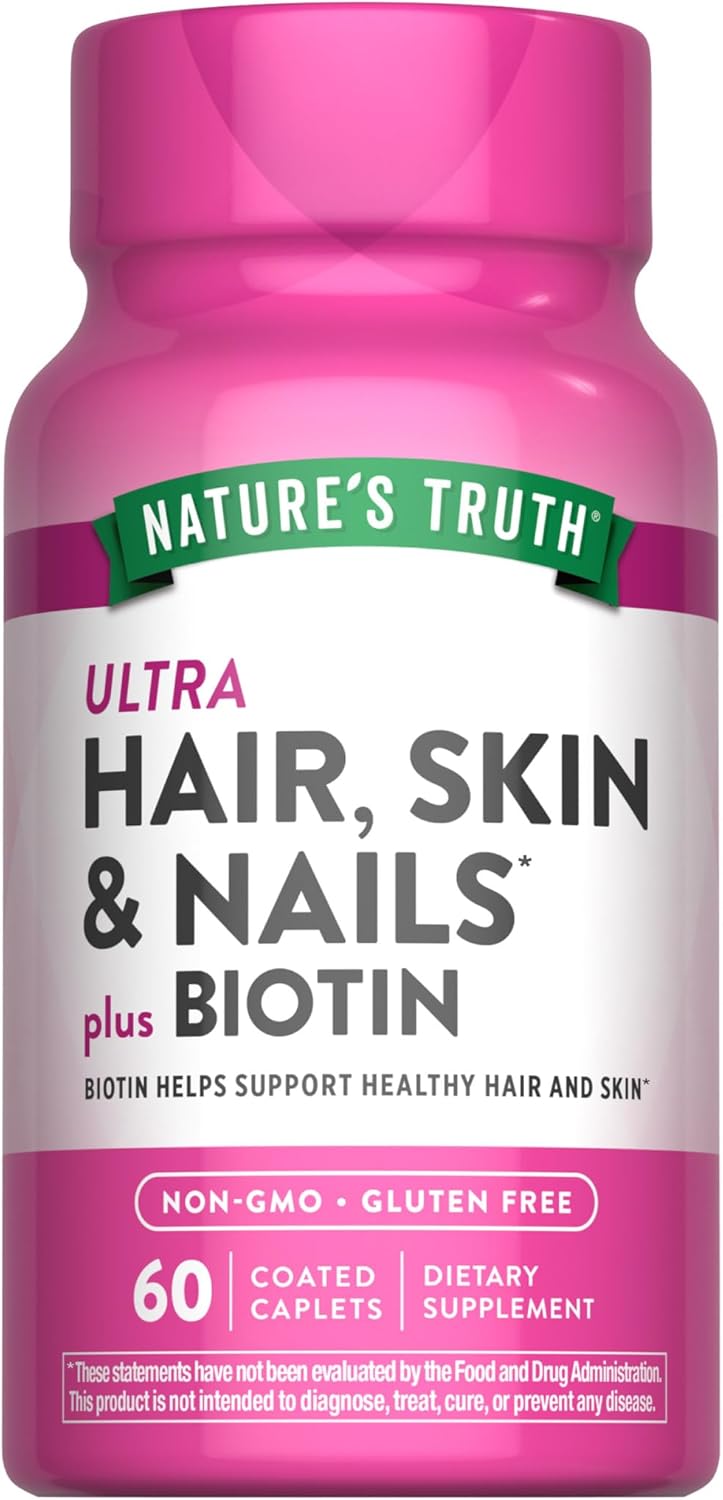 Nature's Truth Hair Skin and Nails | 60 Caplets | Plus 5,000 mcg Biotin | Non-GMO & Gluten Free Supplement