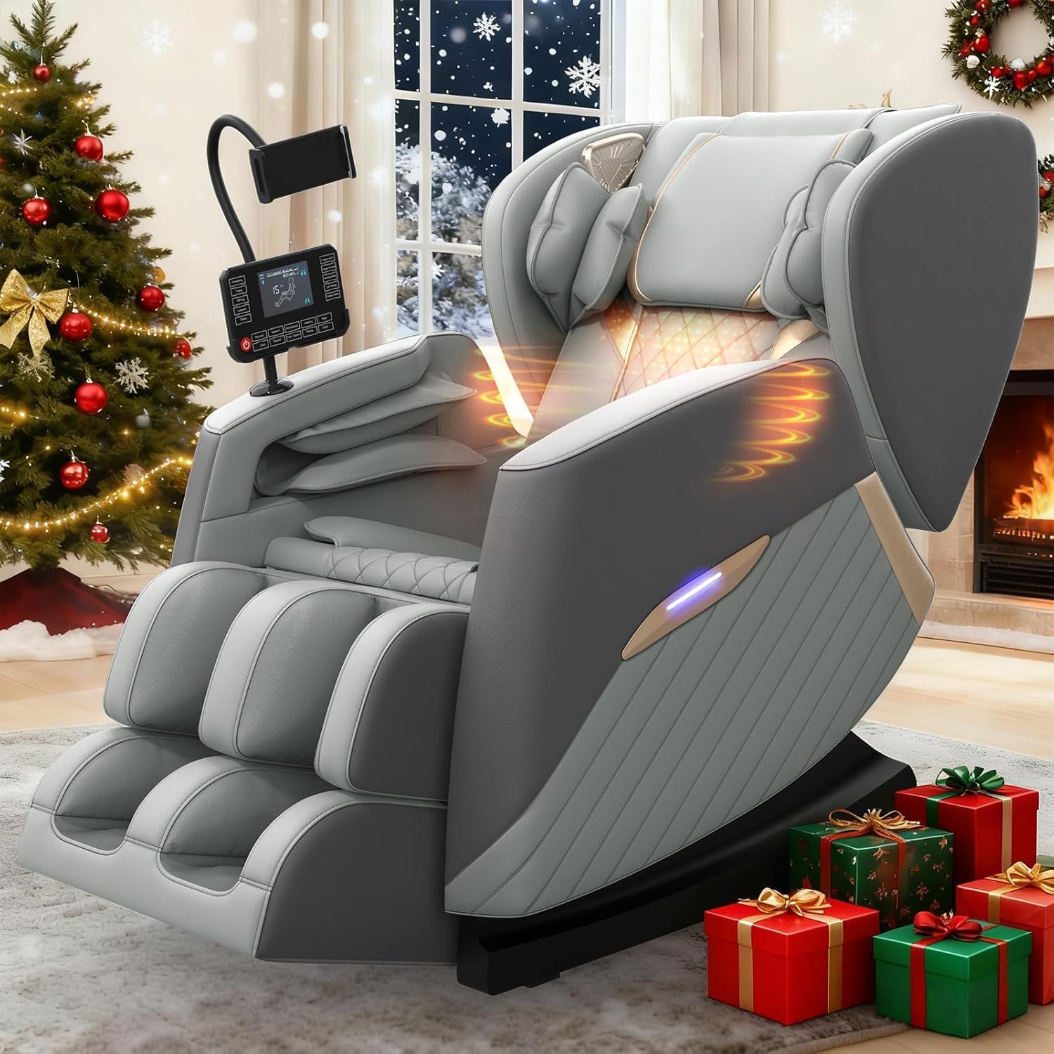 Massage Chair, Full Body Massage Chair with Heating，8 Airbags，14 Fixed Rollers, Calf & Foot Massage，Bluetooth Speaker，Control Panel，Phone Holder, for Family & Friends Use (Ivory Grey)