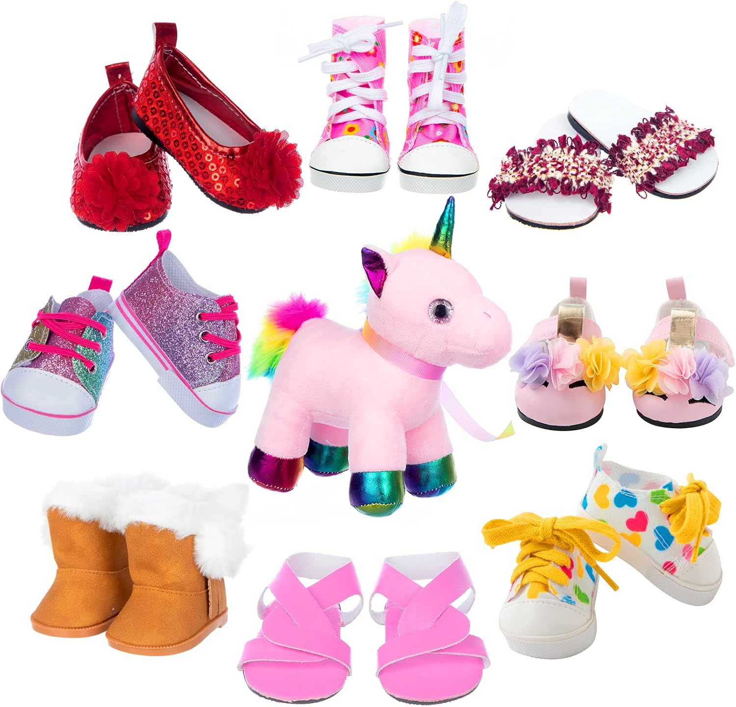 ZQDOLL 18 inch Doll Accessories Include 8 Pairs of Doll Shoes and Unicorn pet fit American 18 inch Dolls with Canvas Shoes, Boots, Sandals, Slippers