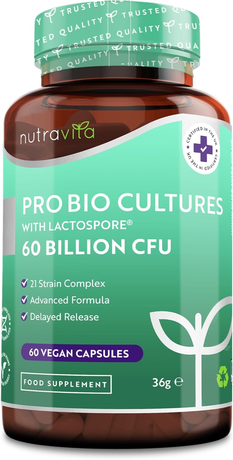 60 Billion CFU Probiotic Cultures - Scientifically Backed Lactospore® for Good Gut Flora - Enteric Coating to Ensure Probiotics are Delivered Directly to The Gut - Made in The UK