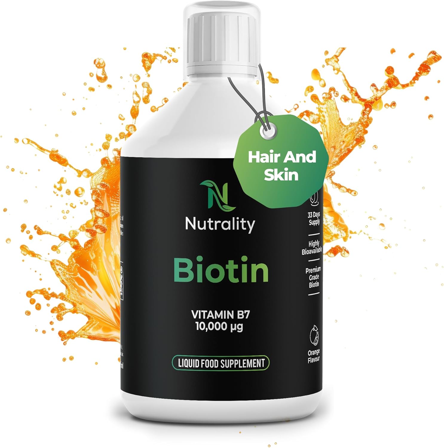 Nutrality Liquid Biotin 10,000mcg | Hair Growth Vitamins & Biotin Supplements | Extra Strength Vitamin C & B7 for Hair, Skin & Nails | 3X Absorption | Orange Flavour | 33 Day Supply | 500ml