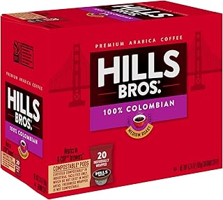 Hills Bros Single Serve Coffee Pods, 100% Colombian Ground Coffee, Medium Roast, 20 Count - Keurig Compatible, Roasted Arabica Coffee Beans, Smooth Balanced Flavor