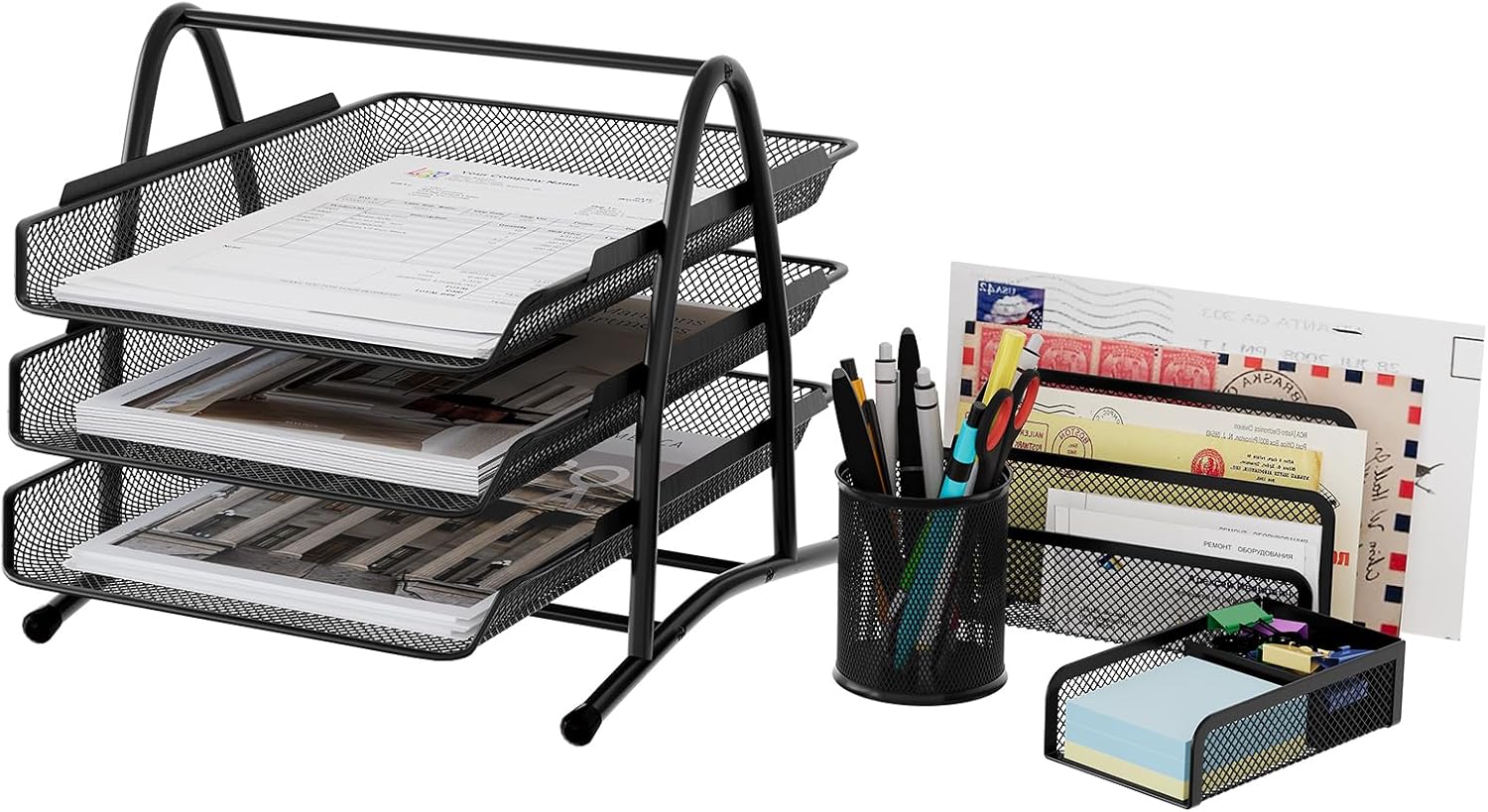 EasyPAG Office Desk Tidy 4 Piece Organiser Set - 3 Tier A4 Filing Tray,Pen Pot,Sticky Note Holder,Letter Sorter Rack,Black