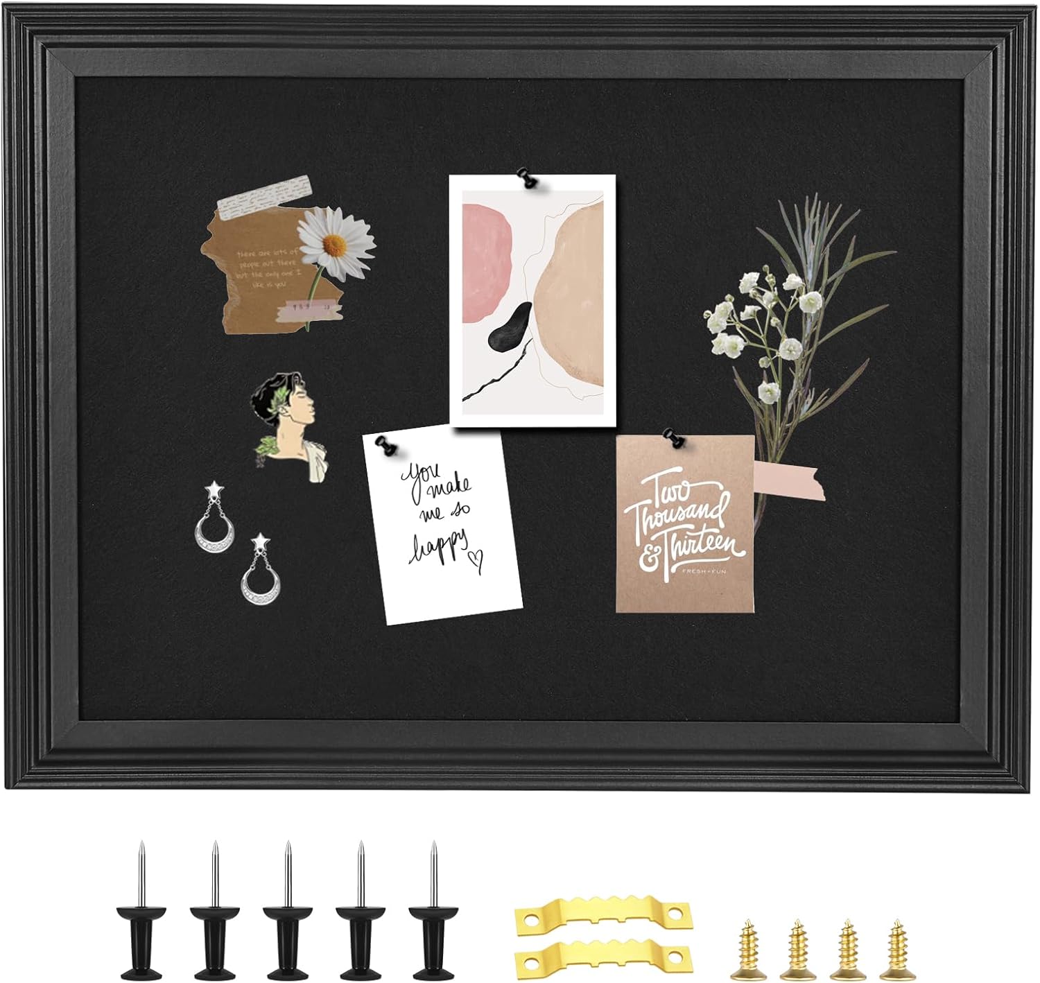 Okydoky Bulletin Board with Felt, Black Wood Framed Display Bulletin Board for Walls with Pins, Eye Bolts, gaskets, Screws, Pin Board for Office, School and Home(MZB-BK,3343,1P)
