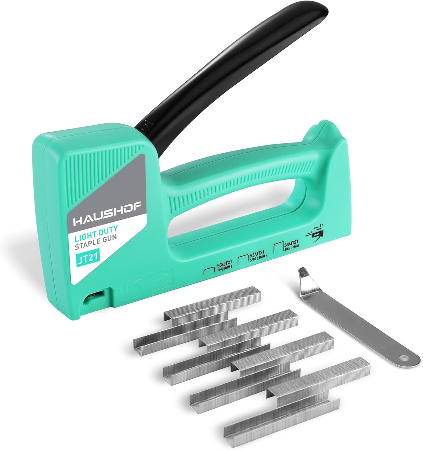 HAUSHOF Light Duty Staple Gun Include 800 pc Staples and Staple Remover, Wall Stapler Gun, Type 53/JT21(6-10mm), Ideal for Display Boards, Upholstery, Decoration, Teachers, Office, Green