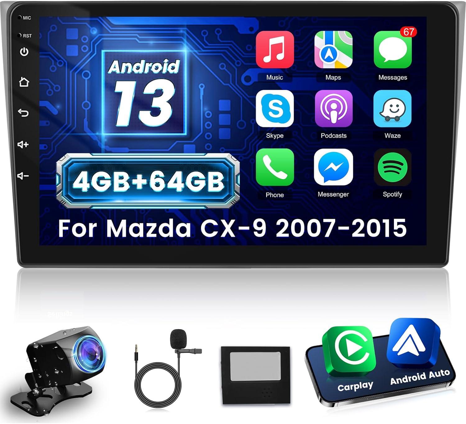 NHOPEEW [4+64G] for Mazda CX-9 2007-2015 Android Car Radio with Wireless Carplay and Android Auto - 10.1 Inch Touch Screen Car Stereo - 32EQ Audio/WiFi/GPS Navigation/SWC + AHD Backup Camera